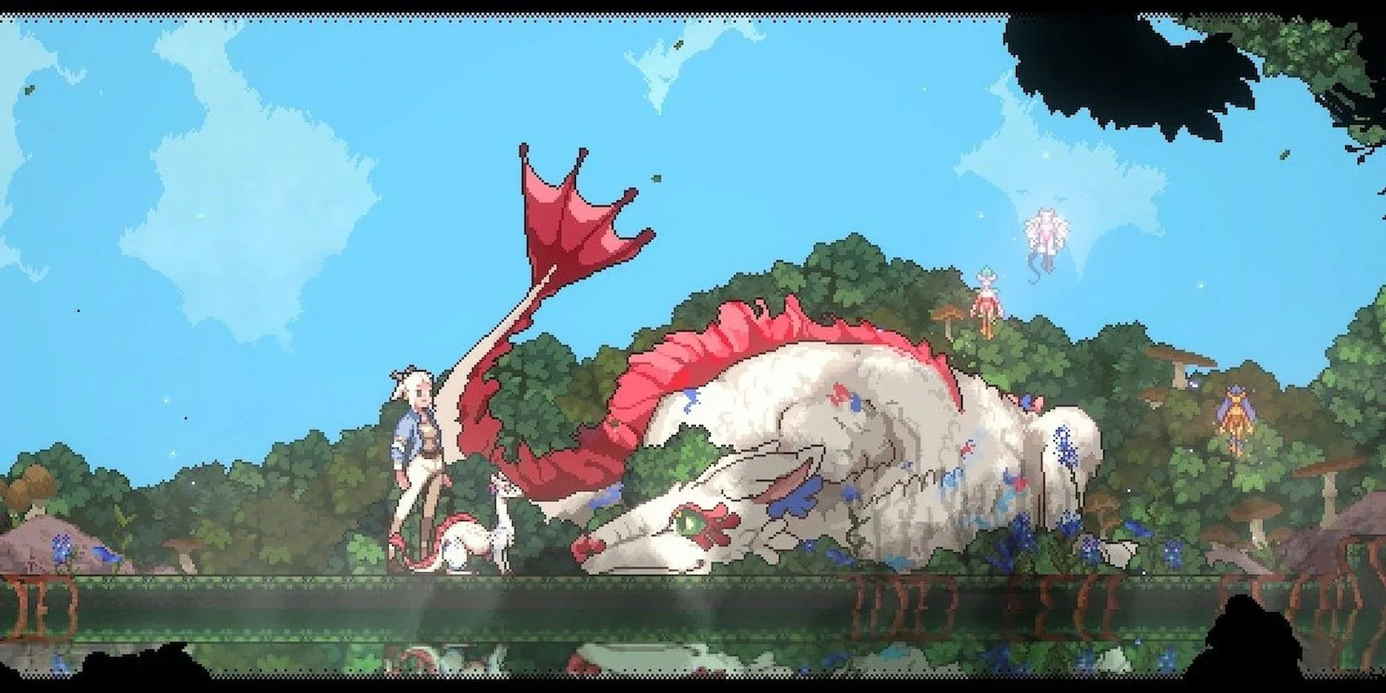 Flora và Heji cùng Rồng Mẹ trong một khung cảnh ấm áp của game Magical Delicacy