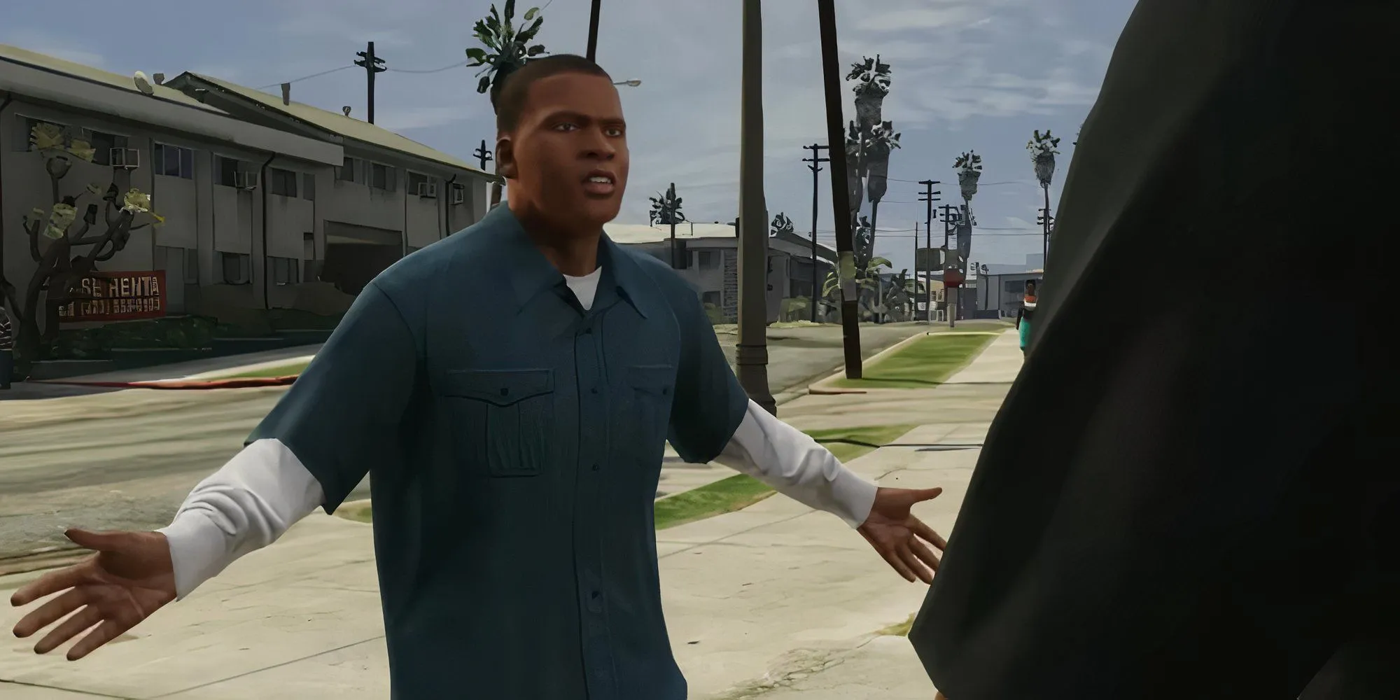 Franklin Clinton, một trong ba nhân vật chính của GTA 5, đang nói chuyện trên đường phố Los Santos