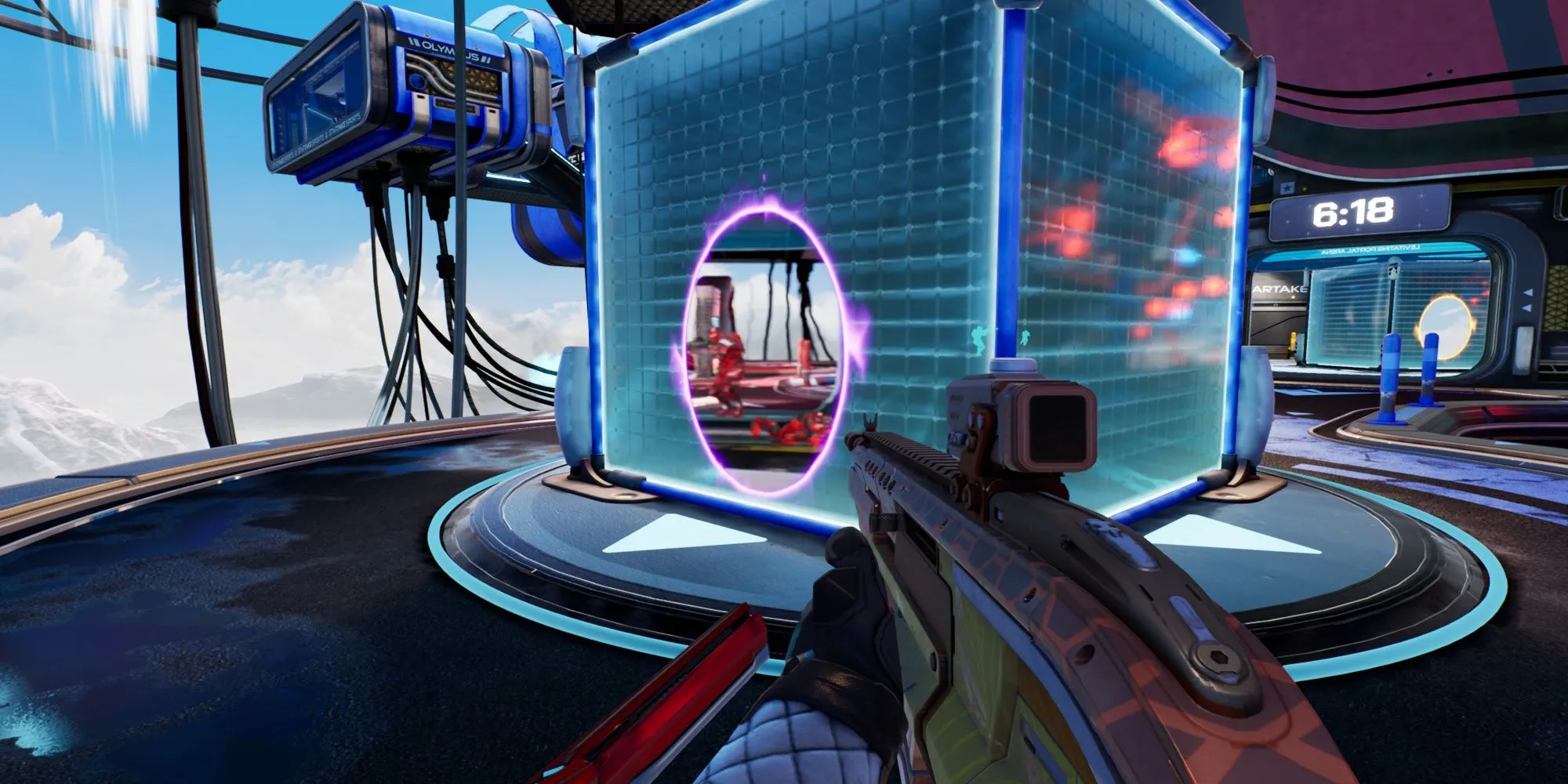 Gameplay của Splitgate với người chơi sử dụng cổng dịch chuyển để tạo lợi thế chiến thuật