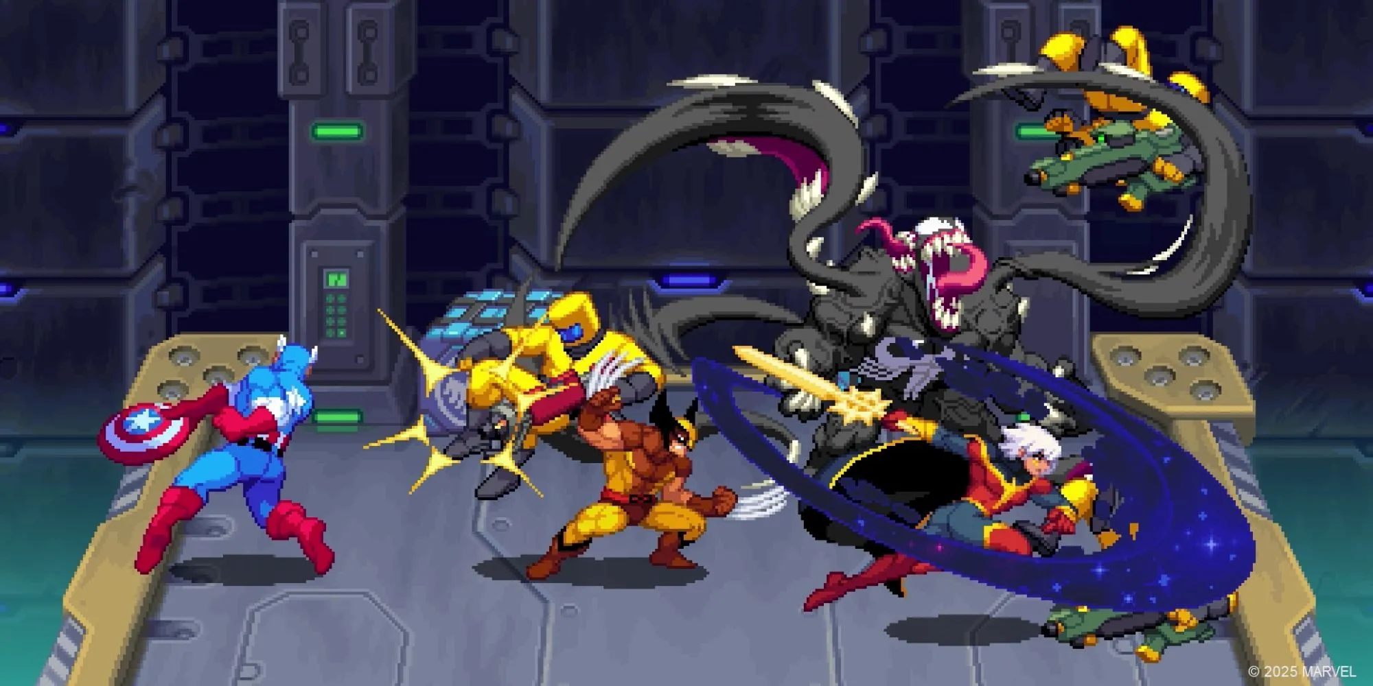 Gameplay Marvel Cosmic Invasion với Wolverine, Captain America, Venom và Phyla-Vel chiến đấu