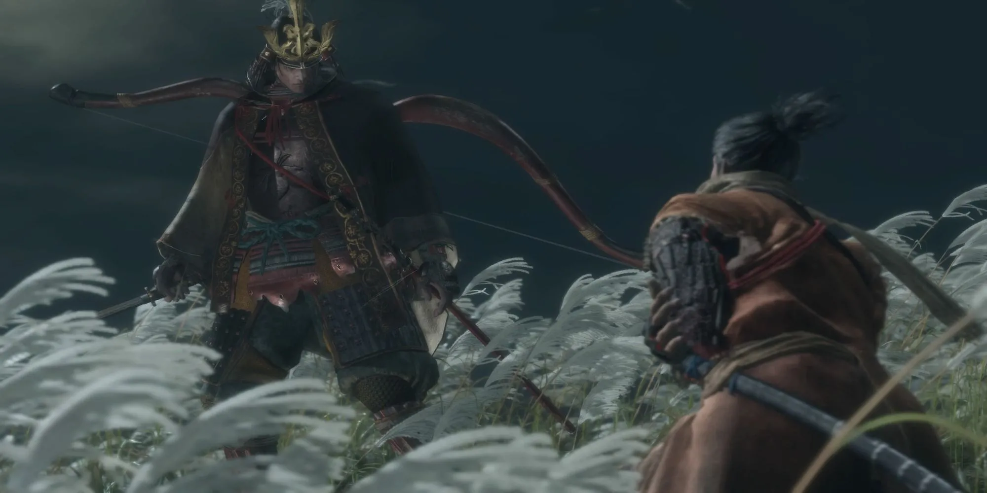 Genichiro Ashina uy nghiêm nhìn xuống người chơi trong Sekiro
