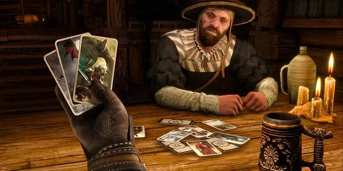 Geralt chơi Gwent trong The Witcher 3, một tựa game thành công của CD Projekt Red
