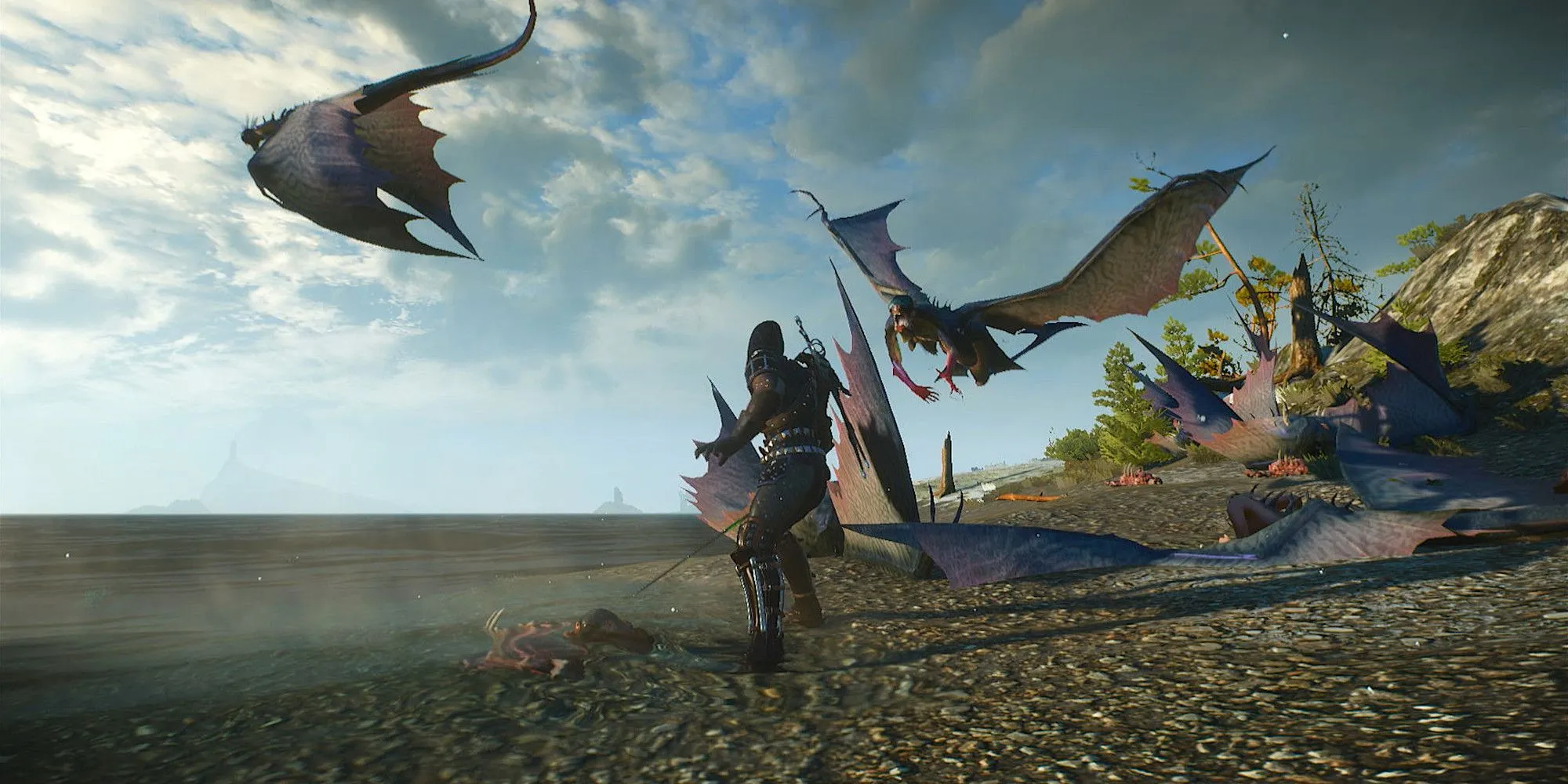 Geralt đối đầu Harpies tại quần đảo Skellige trong The Witcher 3 Wild Hunt mà không có HUD, làm nổi bật cảnh quan đẹp và hành động chiến đấu.