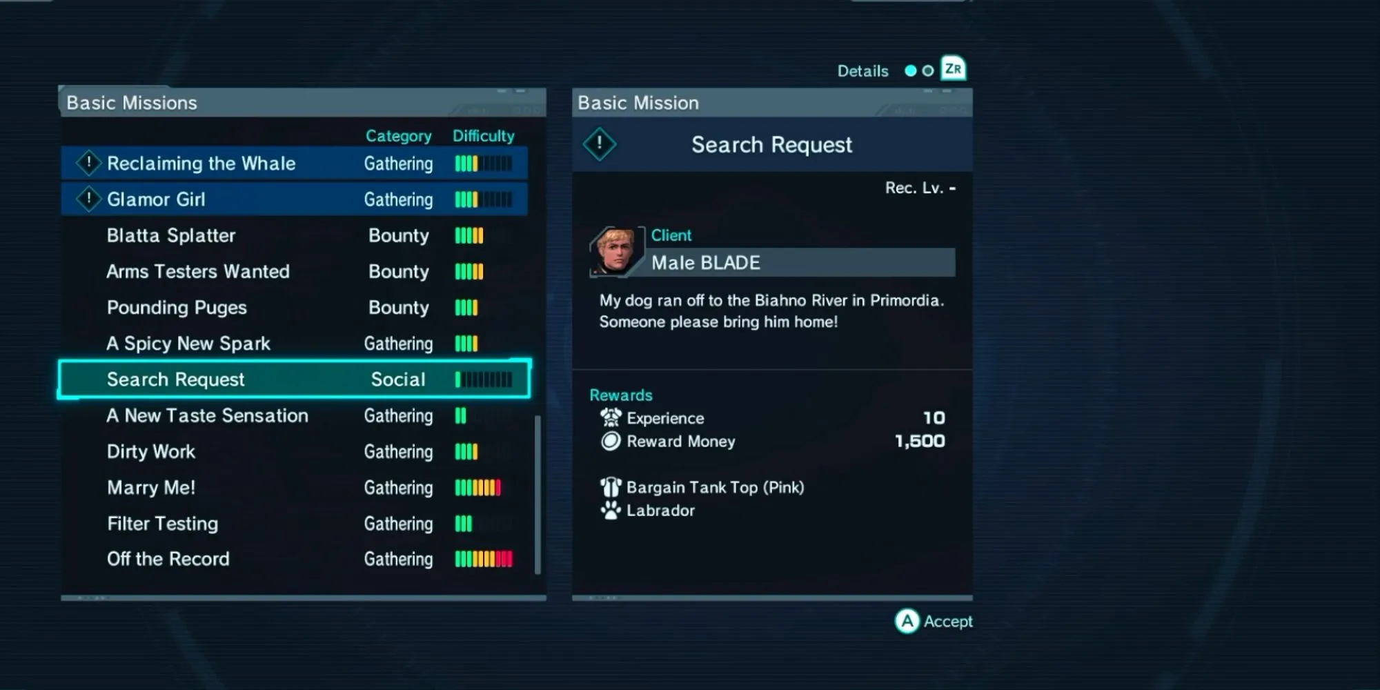 Giao diện Basic Mission trong Xenoblade Chronicles X để nhận thêm thú cưng