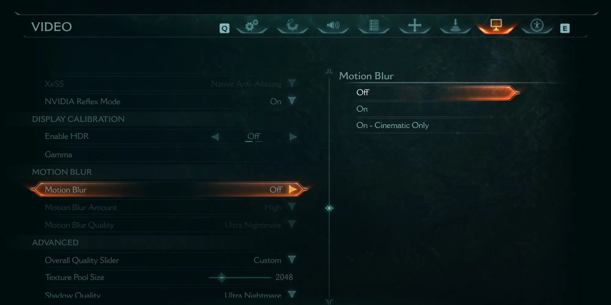Giao diện cài đặt Motion Blur, Film Grain và Chromatic Aberration trong menu Video của DOOM The Dark Ages