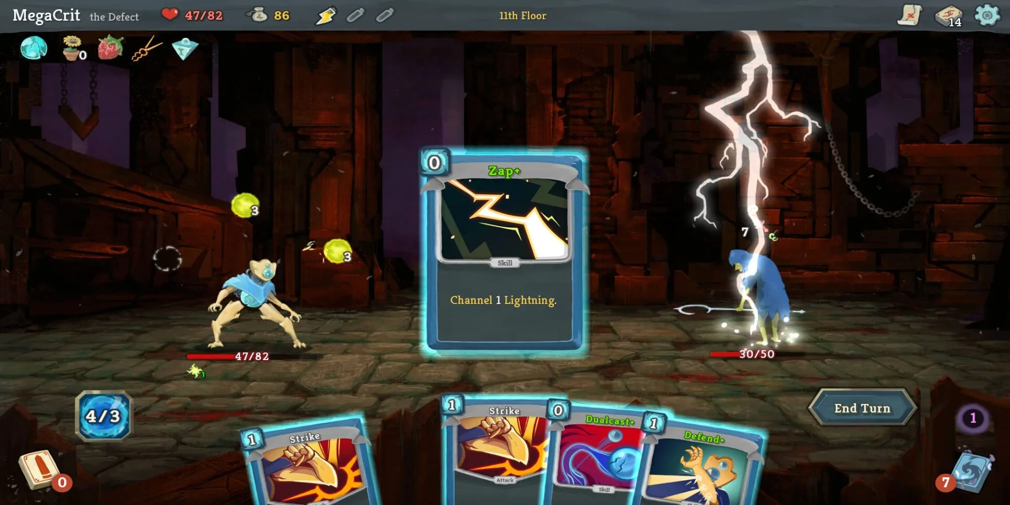 Giao diện chiến đấu thẻ bài trong Slay the Spire, nhân vật đang sử dụng thẻ Zap