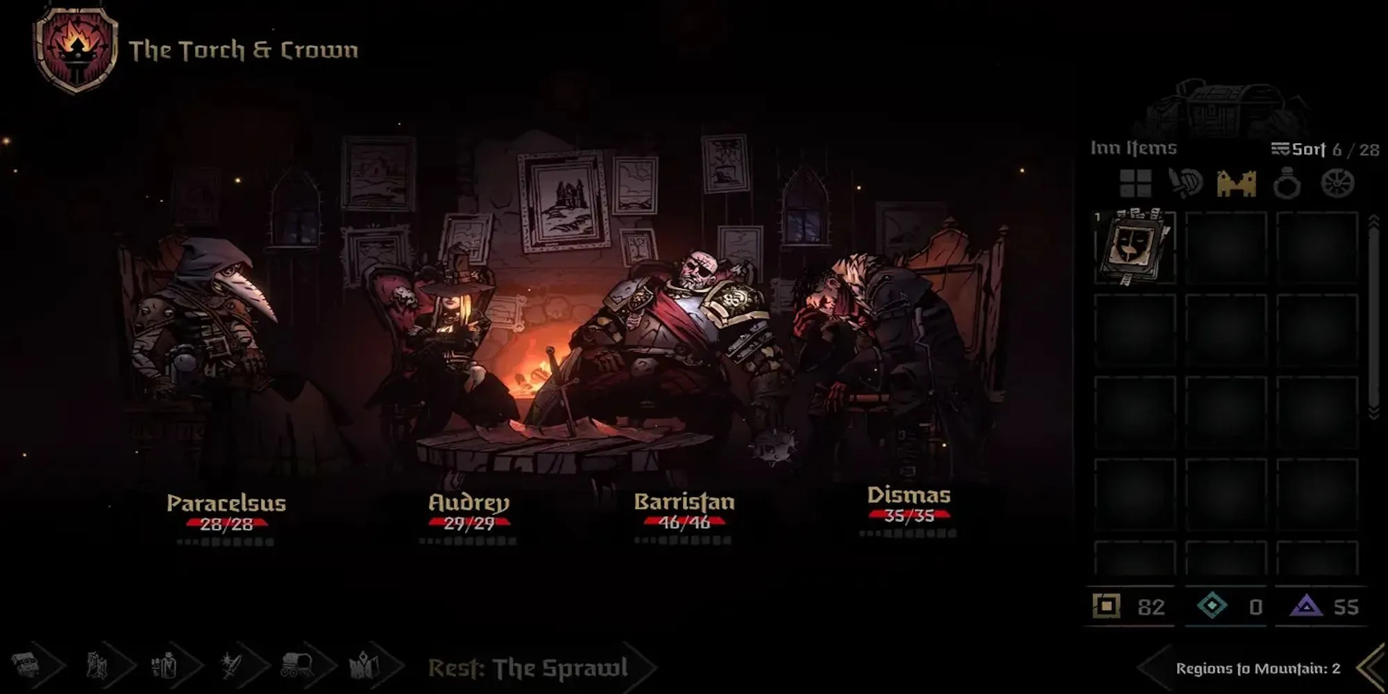 Giao diện chiến đấu trong Darkest Dungeon, các nhân vật đang đối mặt với quái vật trong một hầm ngục tăm tối