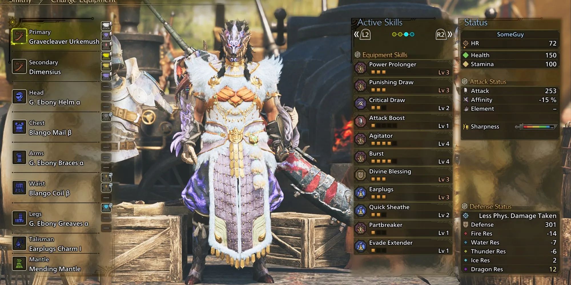 Giao diện hiển thị bộ giáp G Ebony Alpha và Blango Beta cùng vũ khí Gravecleaver Urkemush cho build Long Sword High Rank MH Wilds.