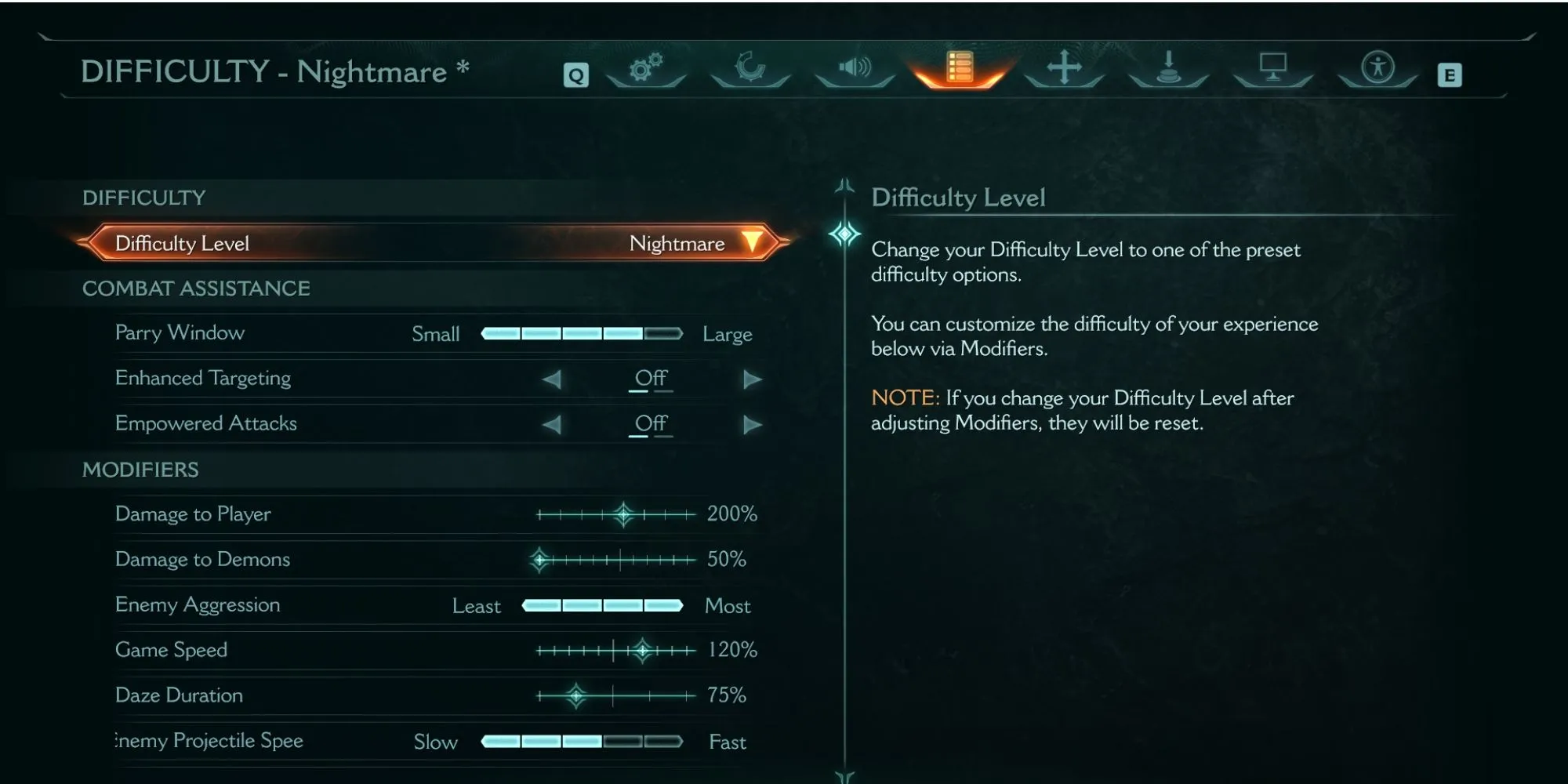 Giao diện menu tùy chỉnh các thiết lập độ khó trong DOOM The Dark Ages