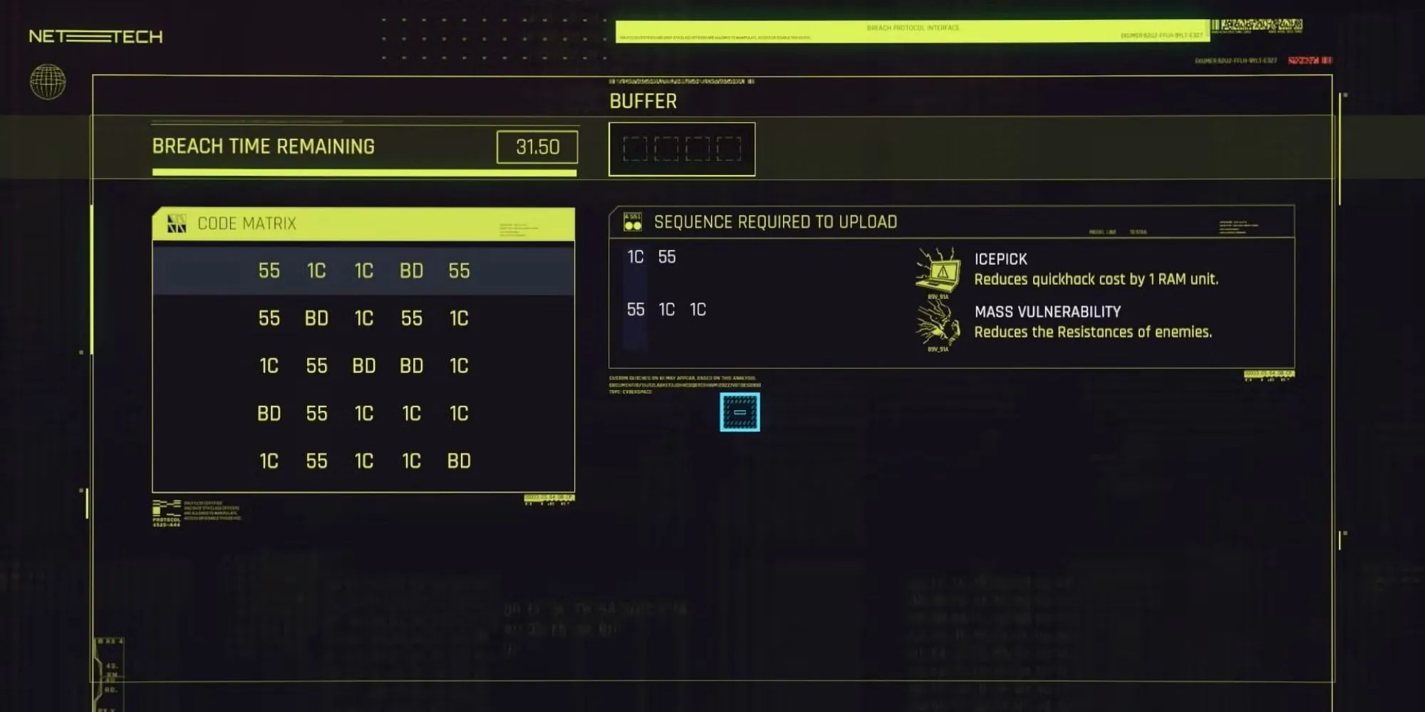 Giao diện mini-game Breach Protocol trong Cyberpunk 2077, với một ma trận các ký tự mã hóa cần được giải mã theo đúng trình tự để xâm nhập hệ thống.
