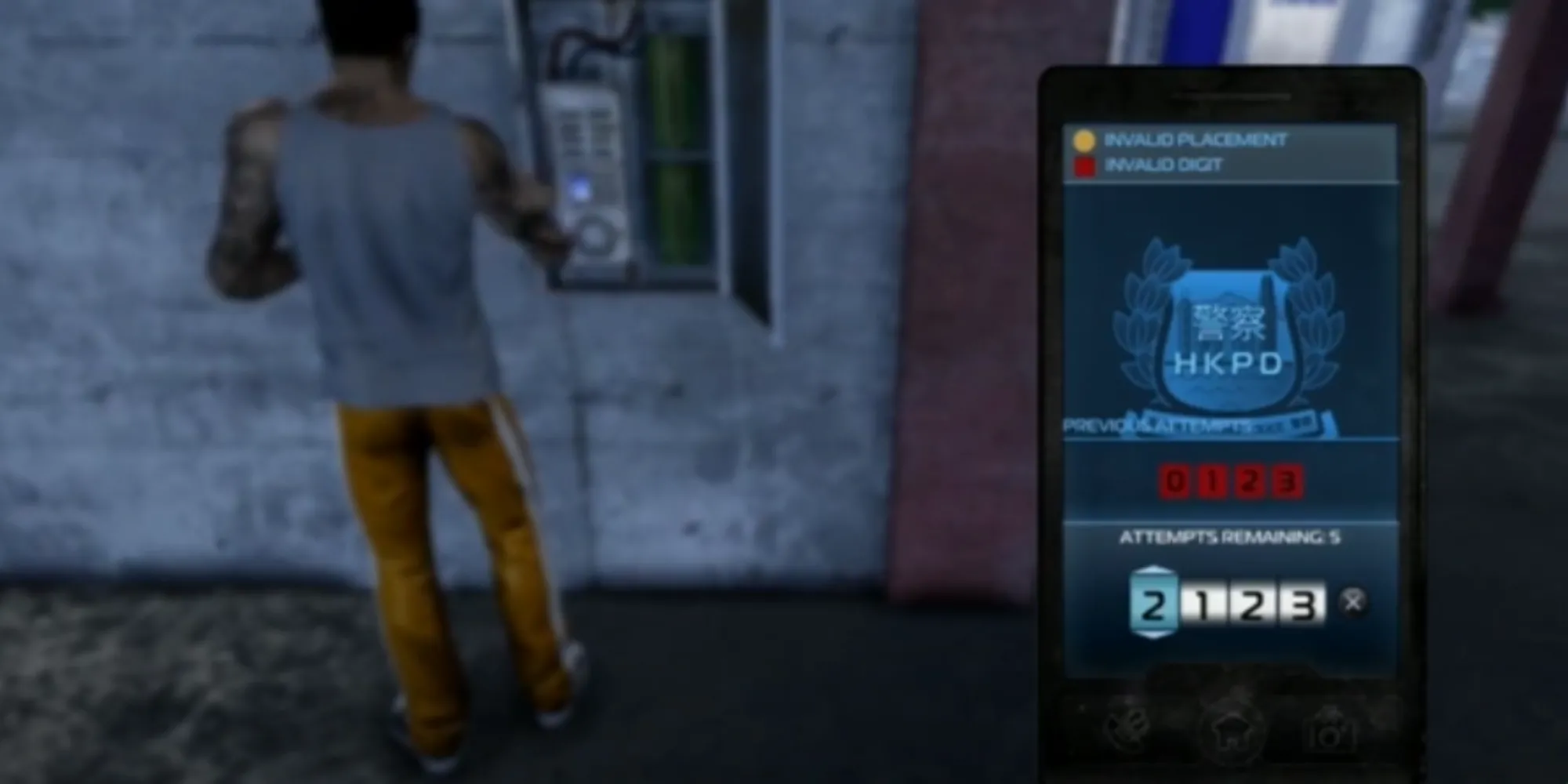 Giao diện mini-game hacking đoán số trong Sleeping Dogs, nơi người chơi phải giải mã mật khẩu gồm bốn chữ số để truy cập camera an ninh.