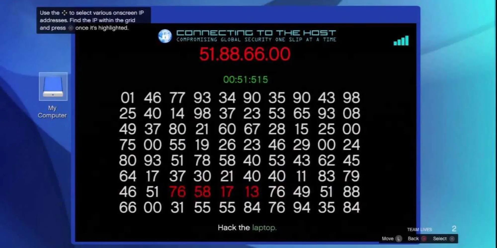 Giao diện một mini-game hacking trong GTA Online, có thể là HackConnect.exe hoặc BruteForce.exe, với các đoạn mã và mục tiêu cần được giải quyết.
