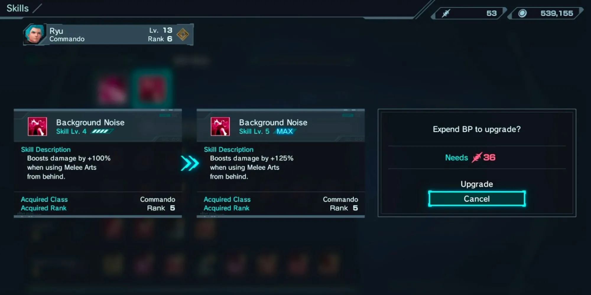 Giao diện nâng cấp Arts và Skills trong Xenoblade Chronicles X, nơi người chơi sử dụng Battle Points.