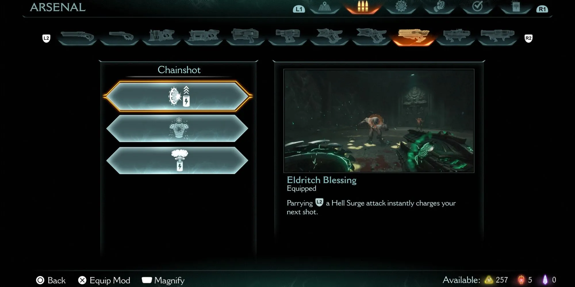 Giao diện nâng cấp Eldritch Blessing cho vũ khí Chainshot trong DOOM The Dark Ages
