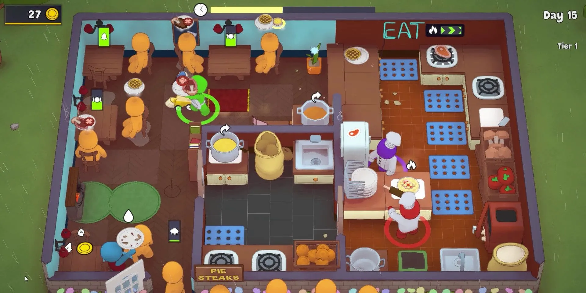 Giao diện nhà bếp bận rộn trong game PlateUp!, cho thấy các đầu bếp tí hon đang chuẩn bị món ăn và phục vụ khách hàng.
