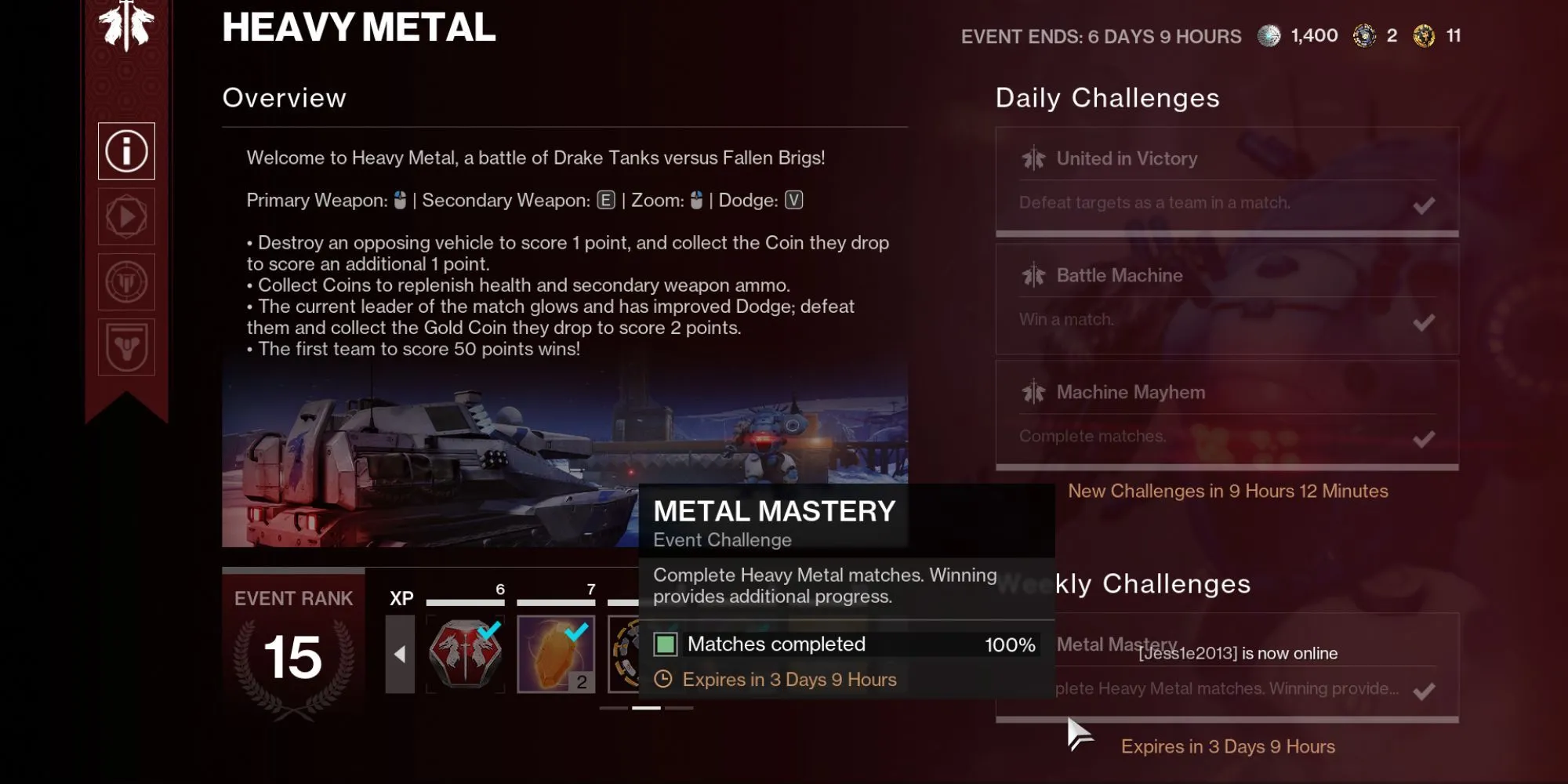 Giao diện Thẻ Sự kiện Heavy Metal trong menu nhiệm vụ của Destiny 2