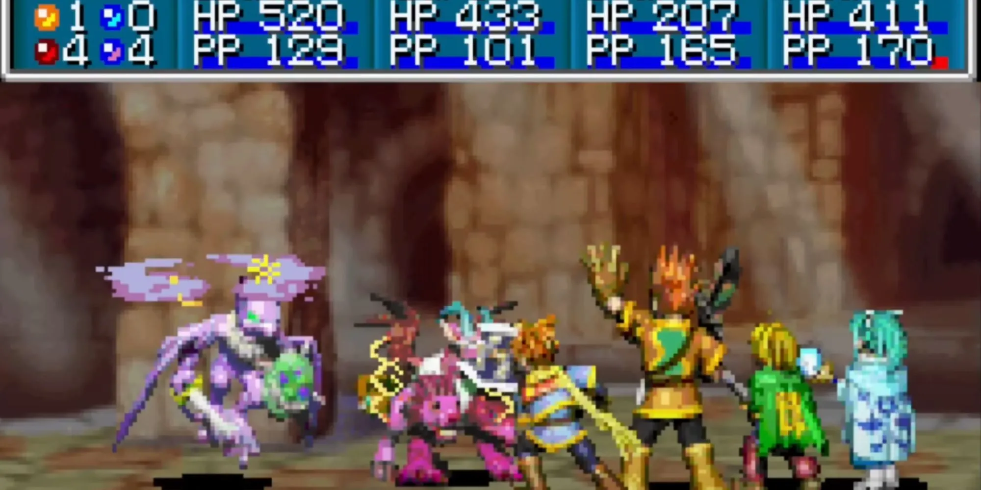 Giao diện trận chiến theo lượt đặc trưng trong Golden Sun, game JRPG trên GBA