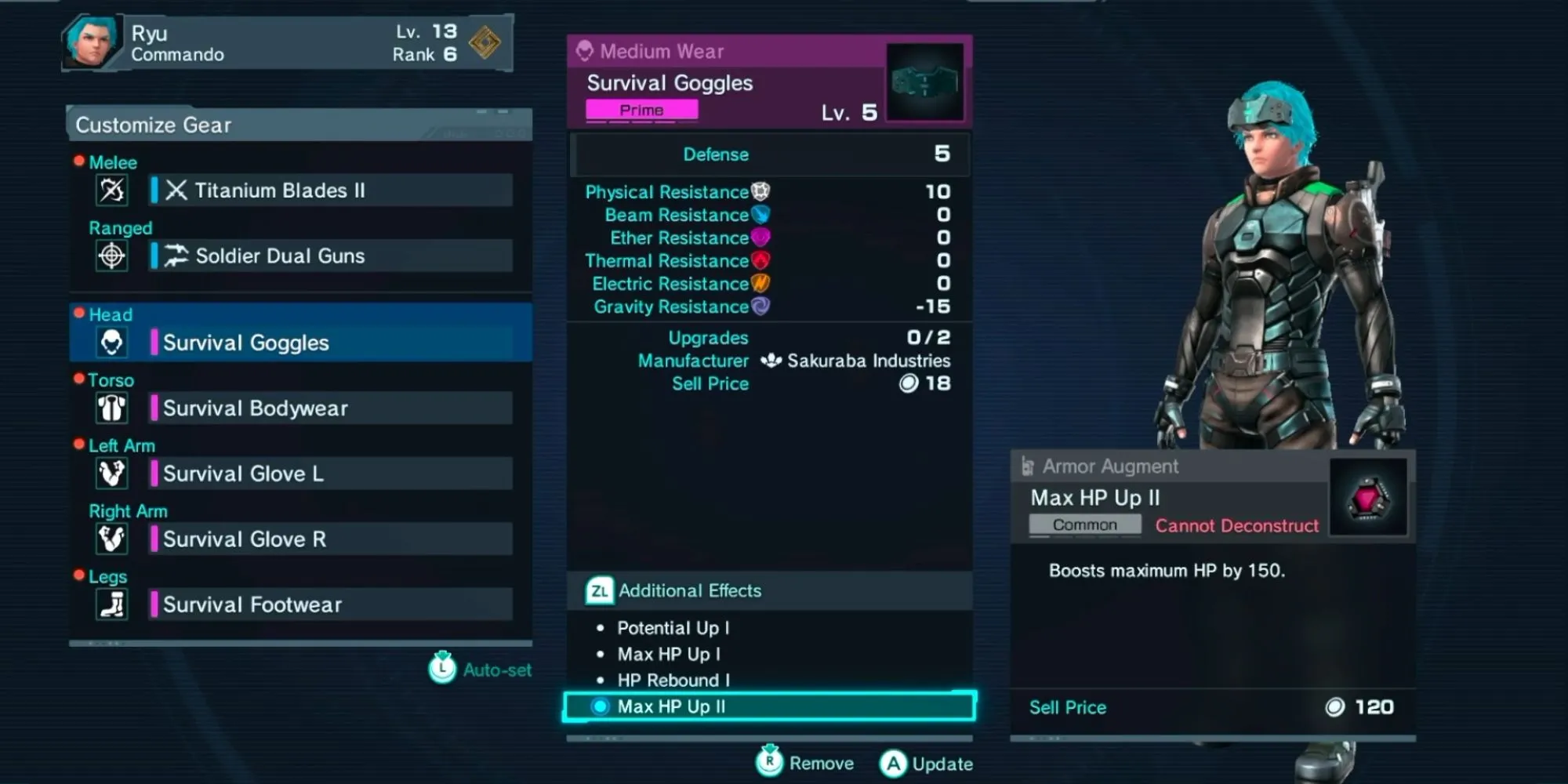 Giao diện trang bị Augment trong Xenoblade Chronicles X, cho thấy các ô để gắn vật phẩm tăng cường sức mạnh.