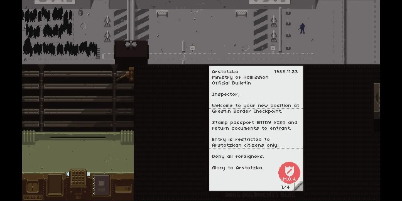 Góc nhìn màn hình làm việc của nhân viên nhập cảnh trong game Papers, Please, hiển thị các giấy tờ và con dấu.