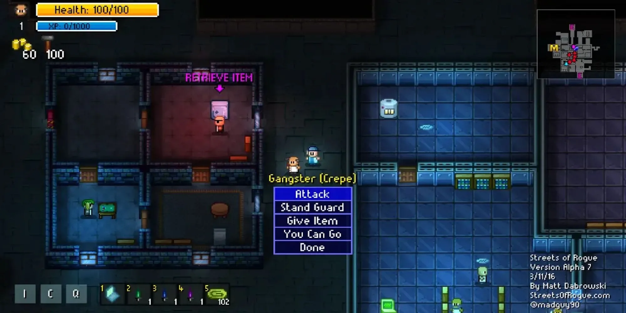 Góc nhìn từ trên xuống trong Streets of Rogue, nhân vật đang tương tác với môi trường trong một khu phố pixel