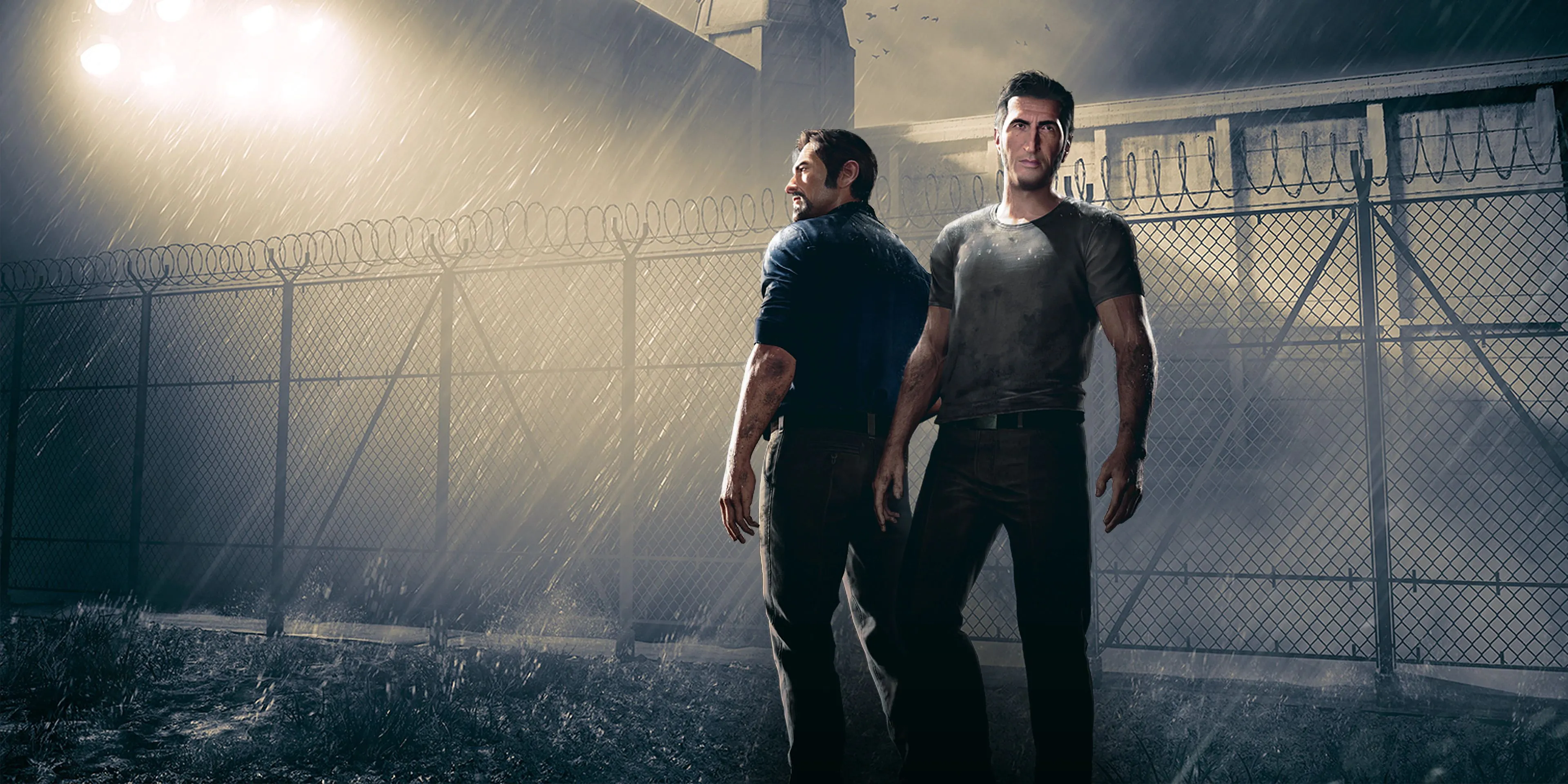 Hai nhân vật chính Leo và Vincent trong A Way Out đứng trước một chiếc xe hơi