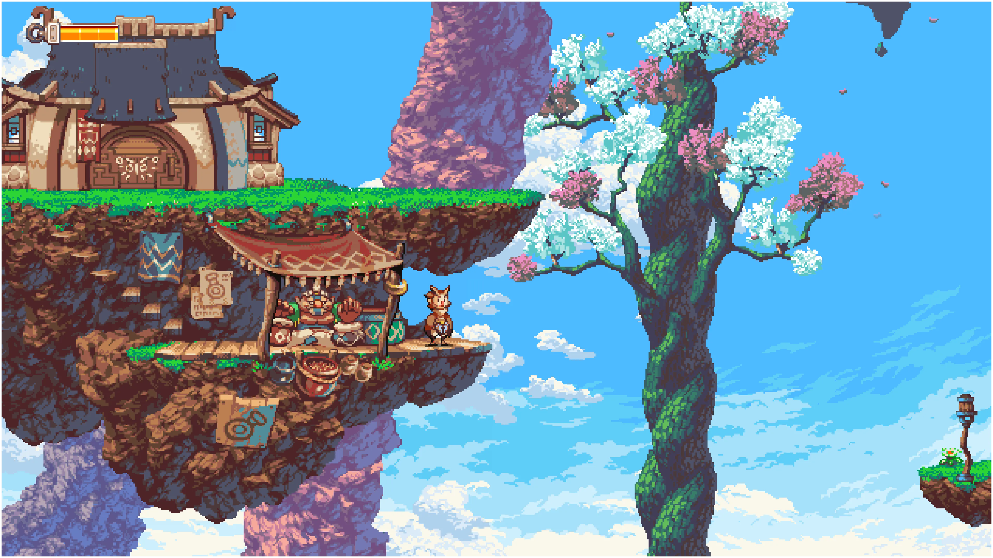 Hai nhân vật chính Otto và Otus trong game Owlboy đang bay