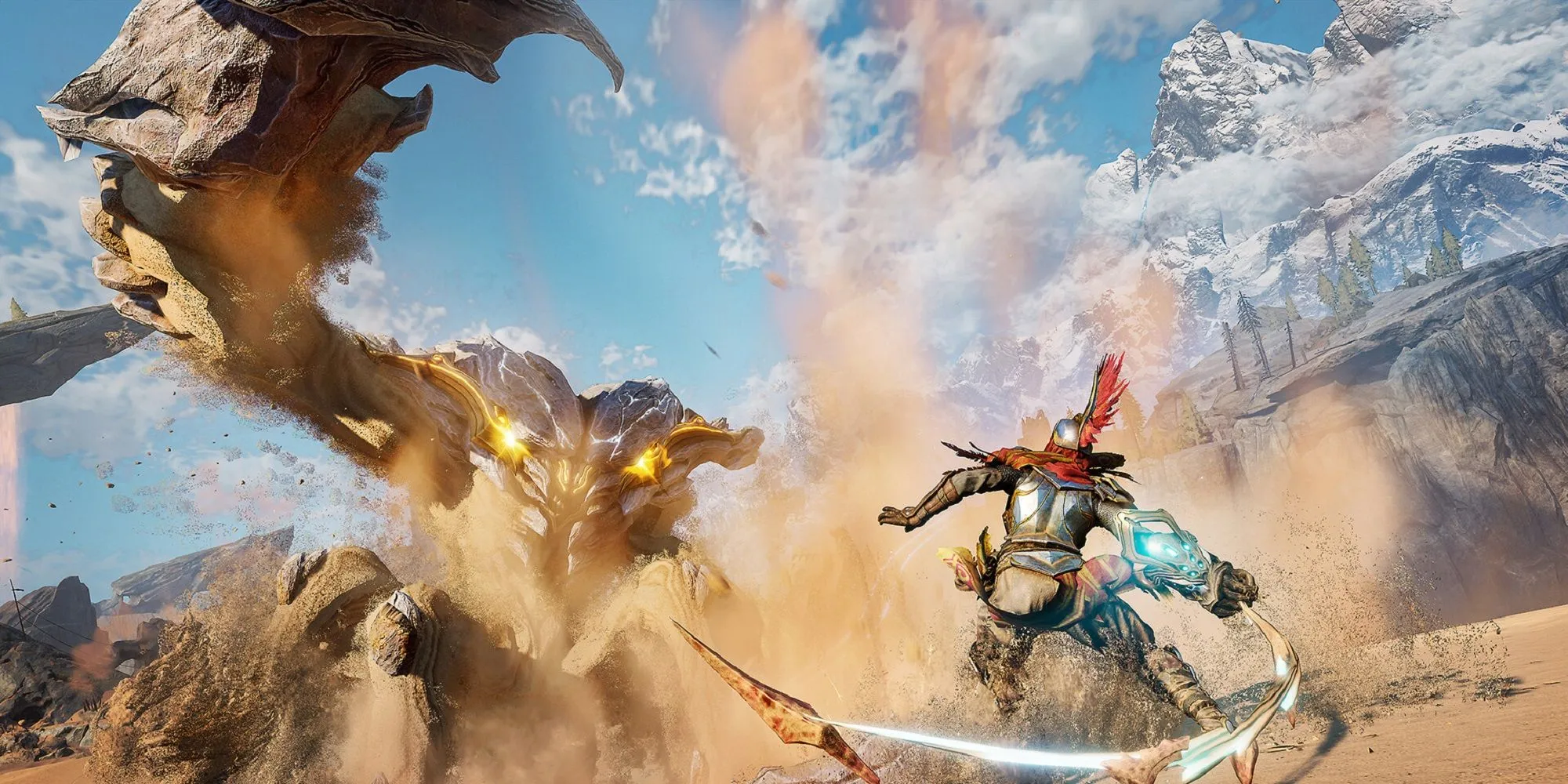 Hai nhân vật trong game Atlas Fallen chiến đấu với quái vật trên sa mạc cát