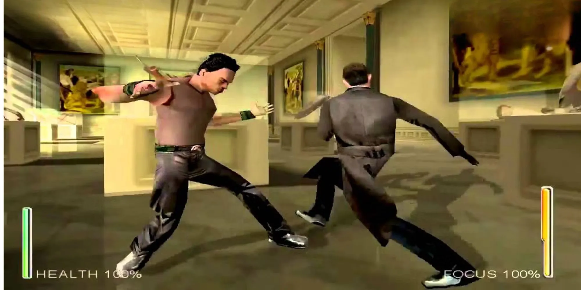 Hai nhân vật trong game Enter The Matrix trên PS2 đang chiến đấu trong một hành lang tối