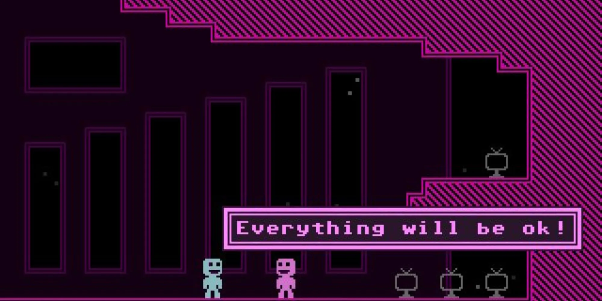 Hai nhân vật trong game VVVVVV đang tương tác với nhau, đồ họa pixel đơn giản với màu sắc tương phản cao