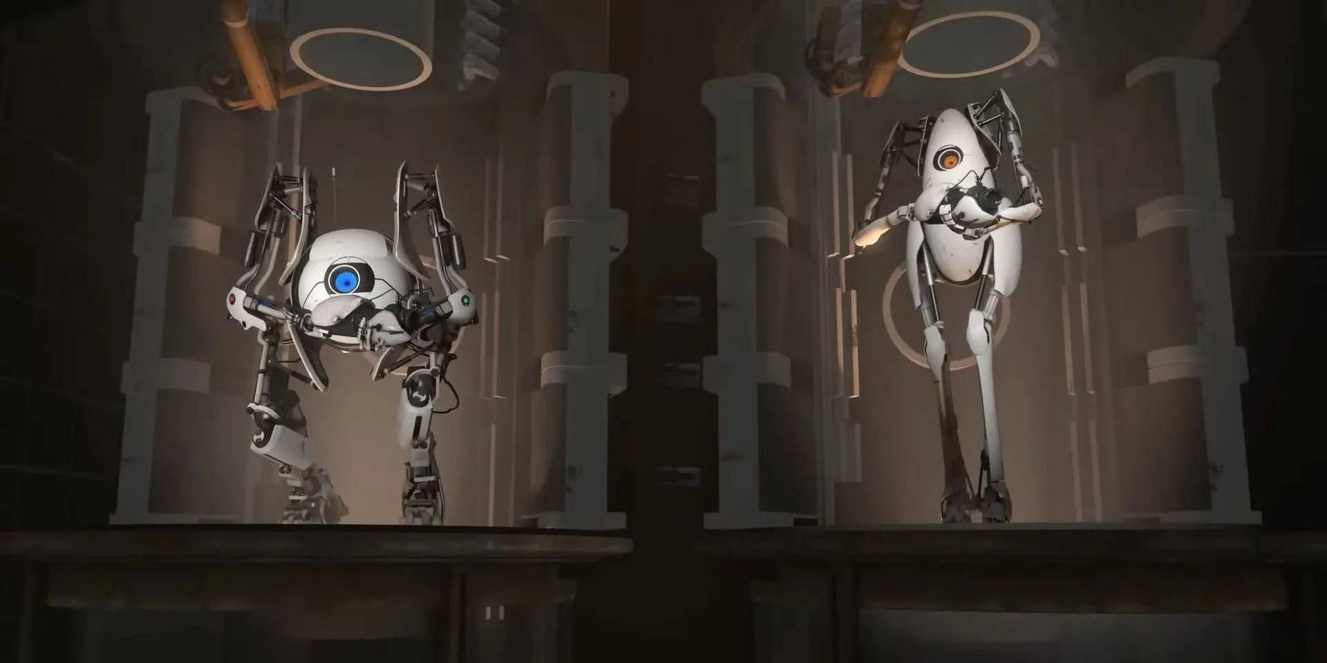 Hai robot Atlas và P-Body đứng cạnh nhau trong môi trường thử nghiệm của Portal 2 co-op, biểu tượng cho sự phối hợp giữa hai người chơi.