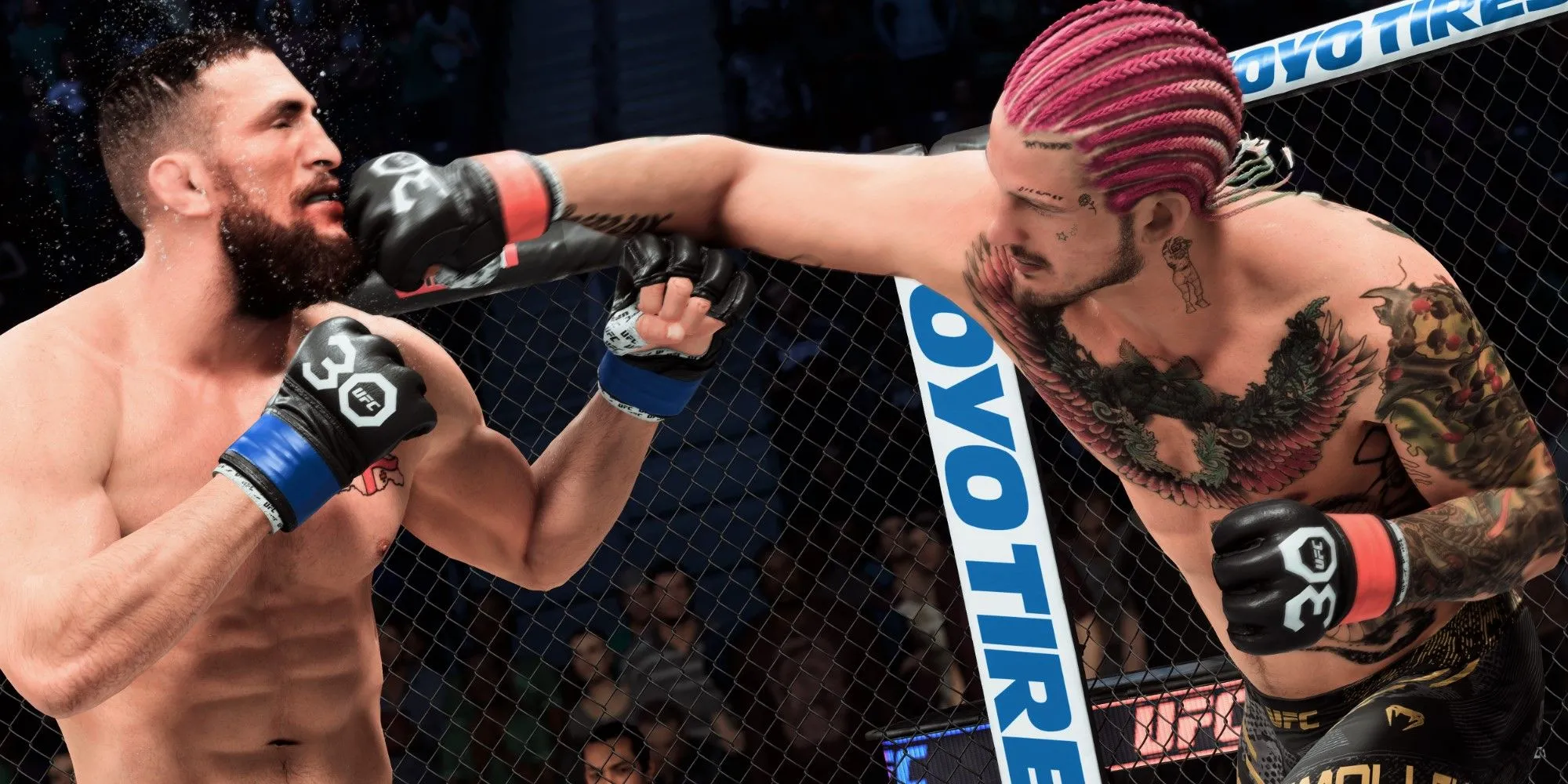 Hai võ sĩ đang giao chiến quyết liệt trong một trận đấu UFC 5 trên PS5