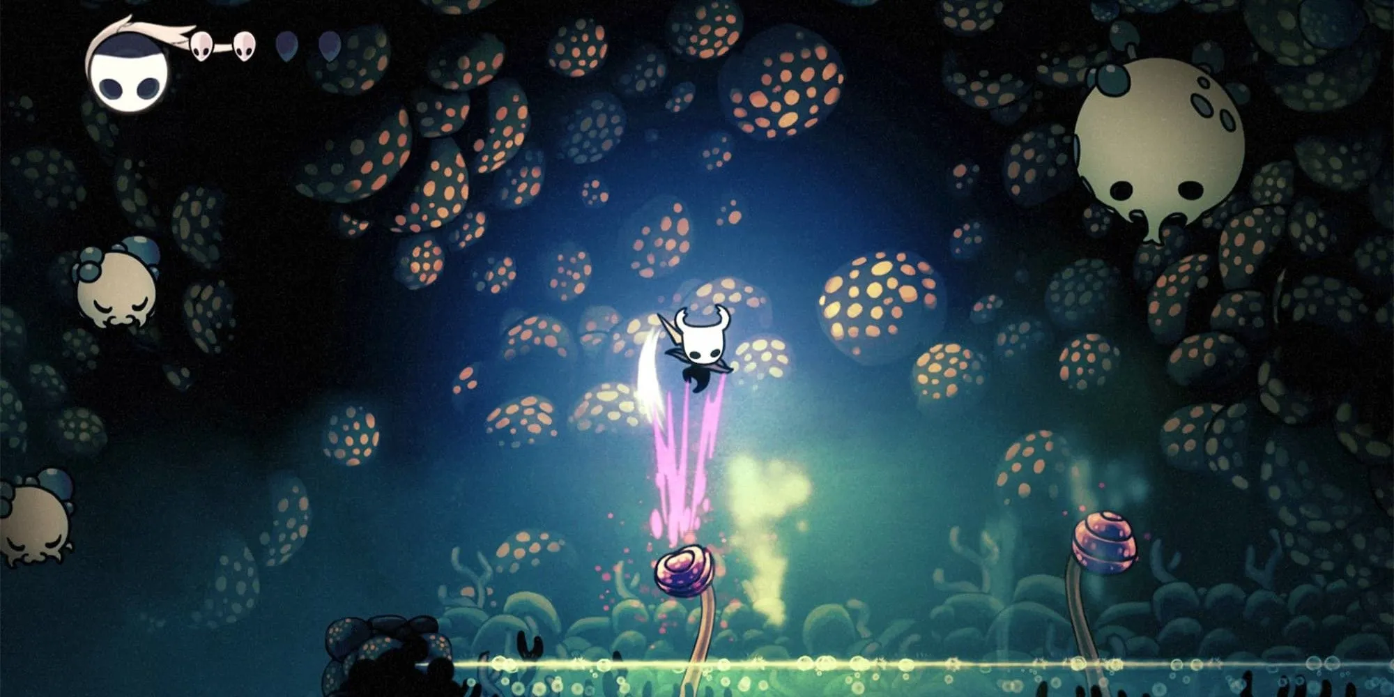 Hiệp sĩ Hollow Knight nhảy lên một cái cây phát sáng trong một khu vực tối tăm của game