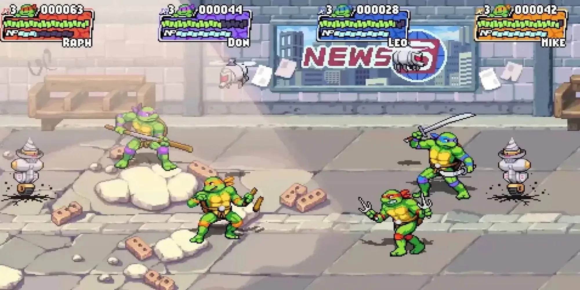 Hình ảnh 6 nhân vật (4 Rùa, Splinter, April) cùng chiến đấu trong game Shredder's Revenge với đồ họa pixel hiện đại