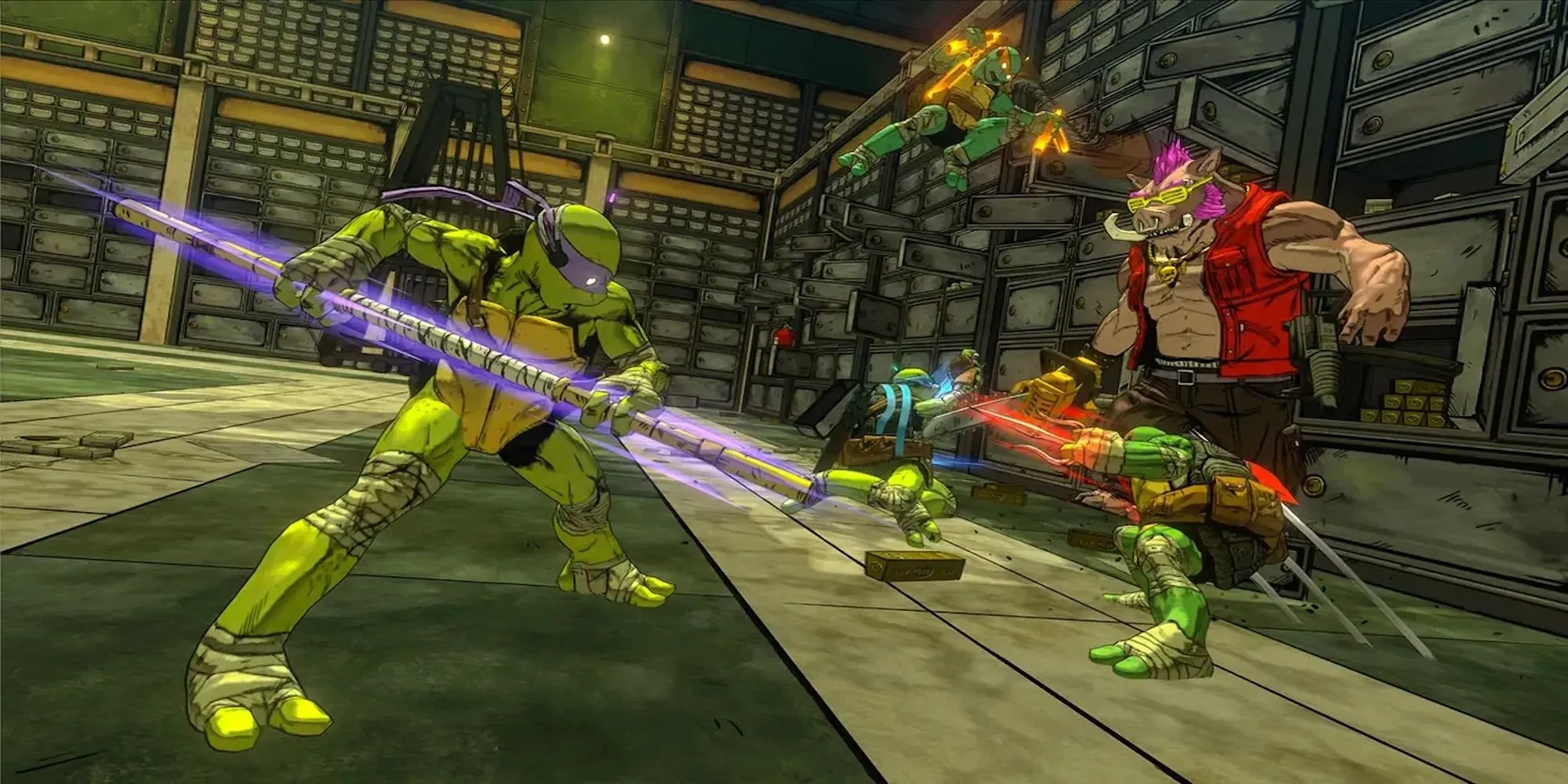 Hình ảnh các Ninja Rùa chiến đấu trong Mutants in Manhattan với đồ họa cel-shaded