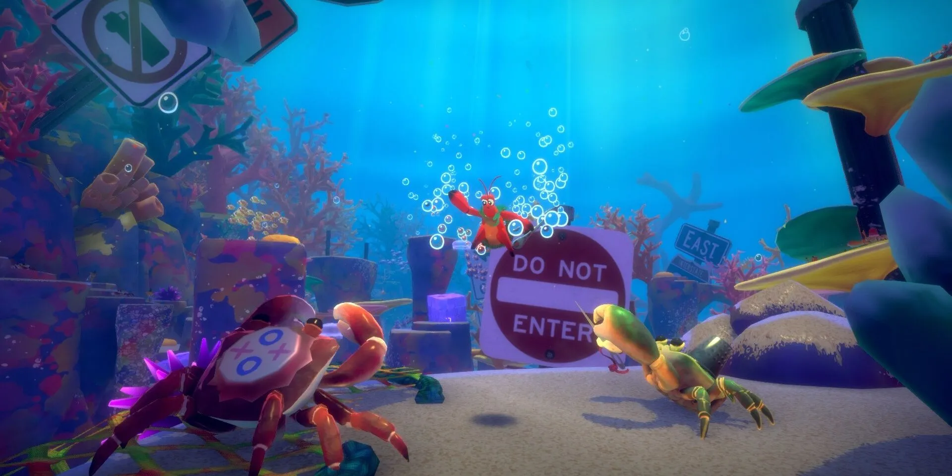 Hình ảnh chú cua Kril đang bơi qua một đám cua kẻ địch trong game Another Crab's Treasure, môi trường dưới đáy biển đầy rác thải