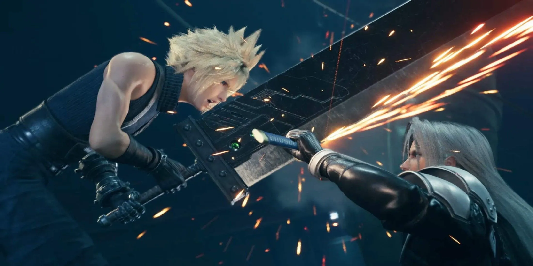 Hình ảnh Cloud Strife đối mặt với Sephiroth trong phân cảnh ấn tượng của game Final Fantasy 7 Remake.