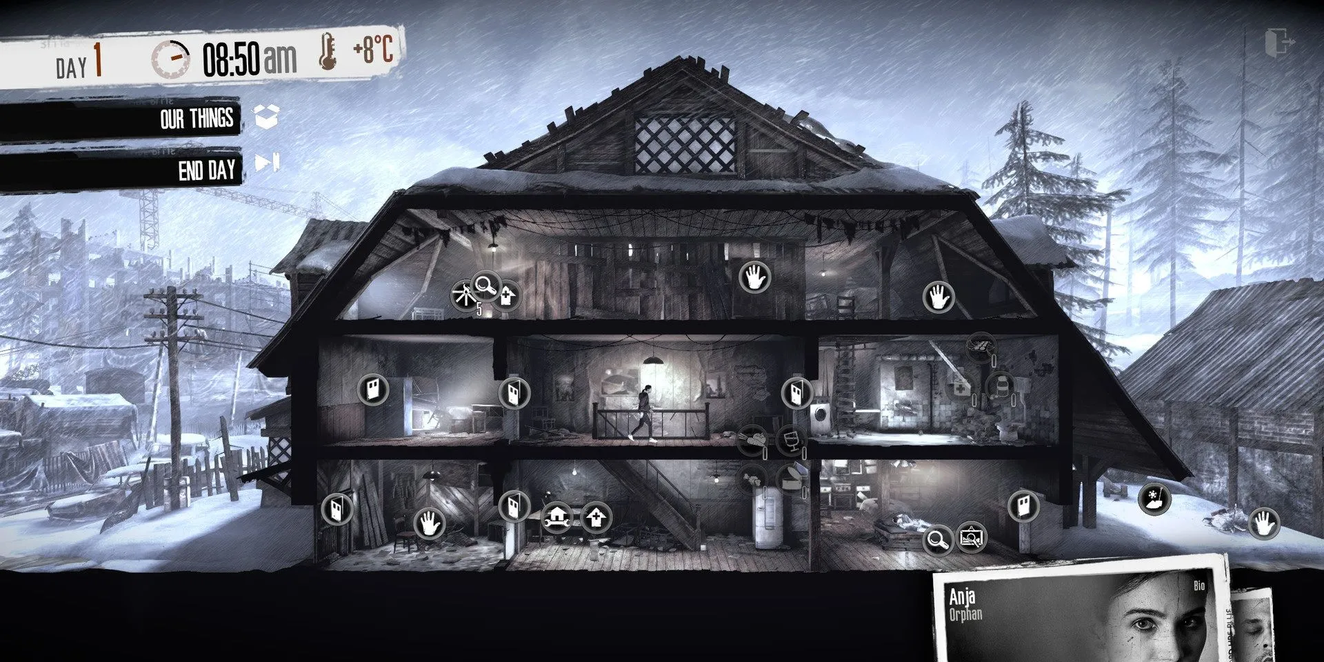 Hình ảnh đồ họa đen trắng đặc trưng của game sinh tồn This War of Mine.