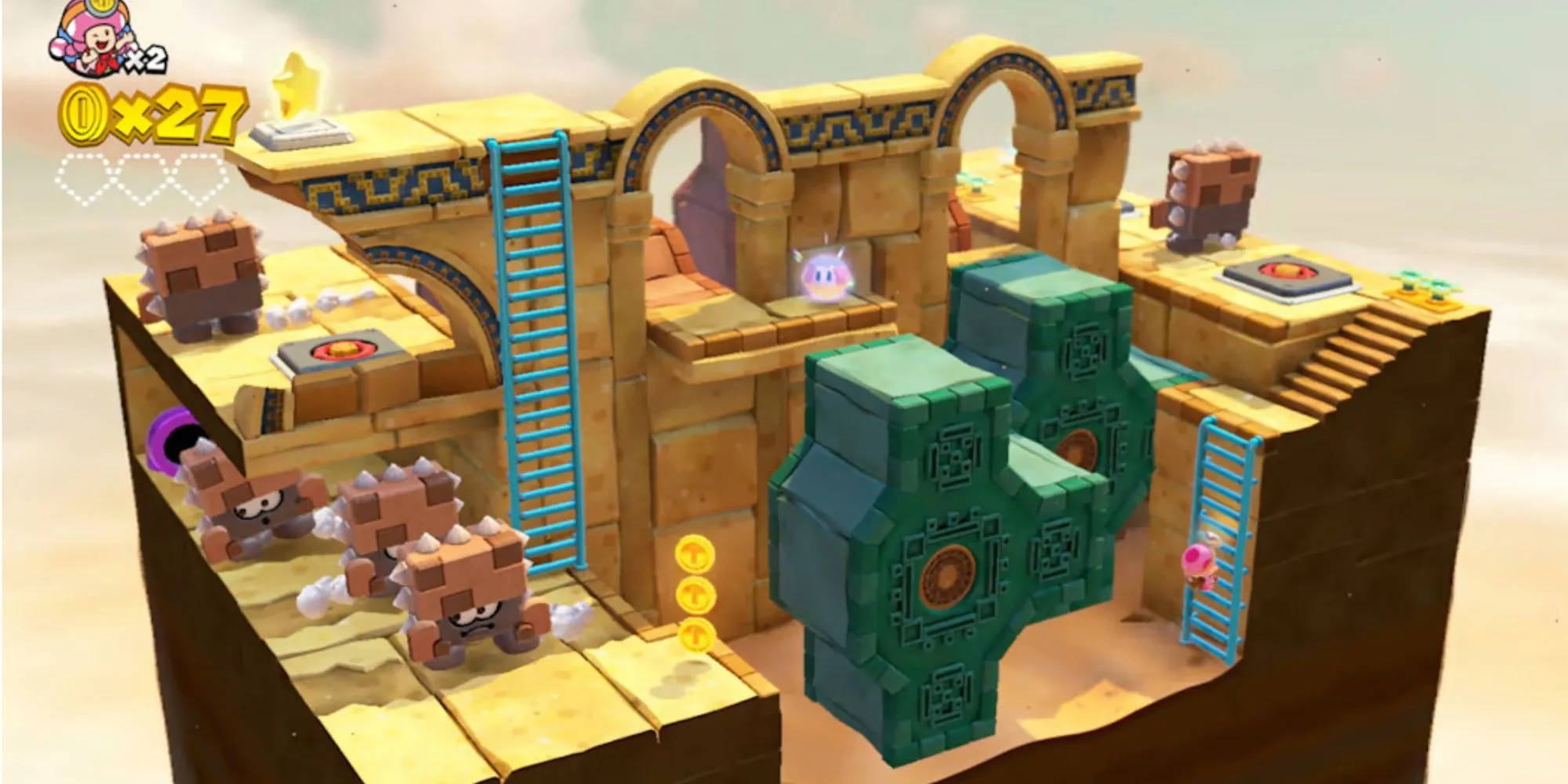 Hình ảnh game Captain Toad Treasure Tracker, nhân vật Captain Toad đang đi bộ trong một màn chơi dạng hộp khối 3D đầy màu sắc và chướng ngại vật.