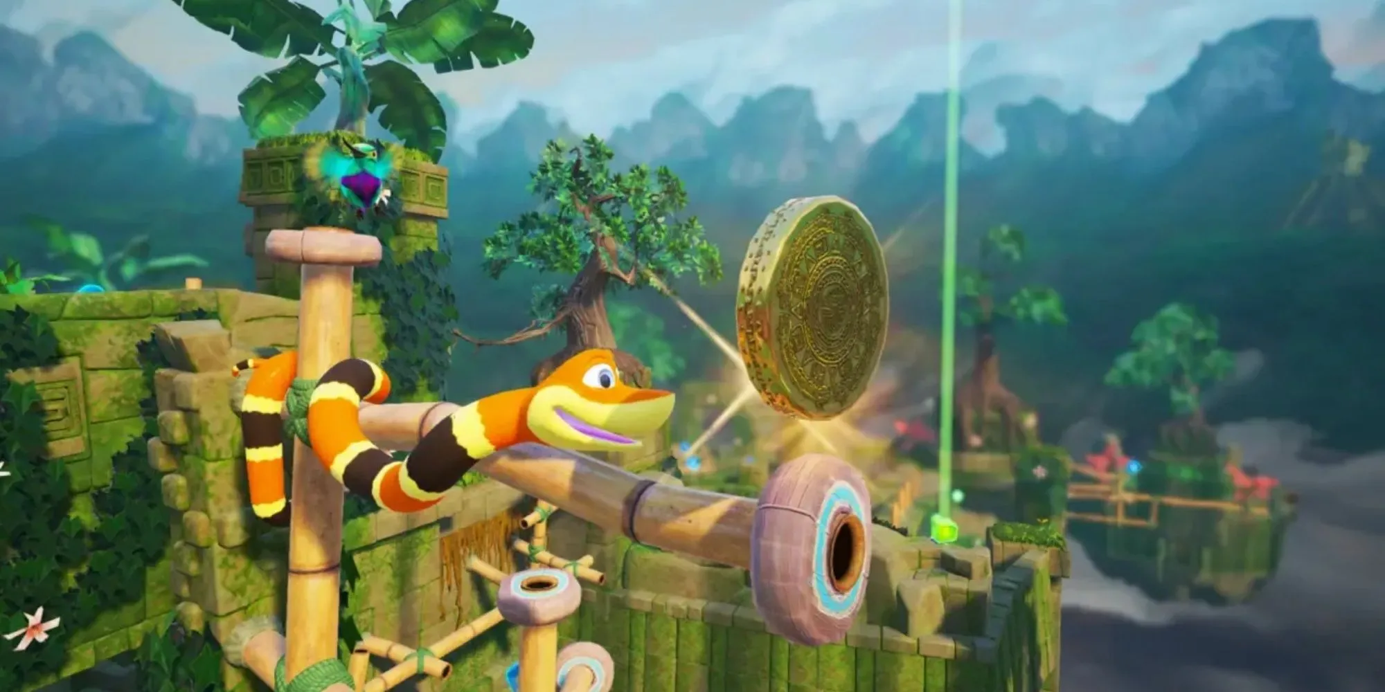 Hình ảnh game Snake Pass, con rắn Noodle đang trườn quanh các cột tre trong môi trường 3D tươi sáng.