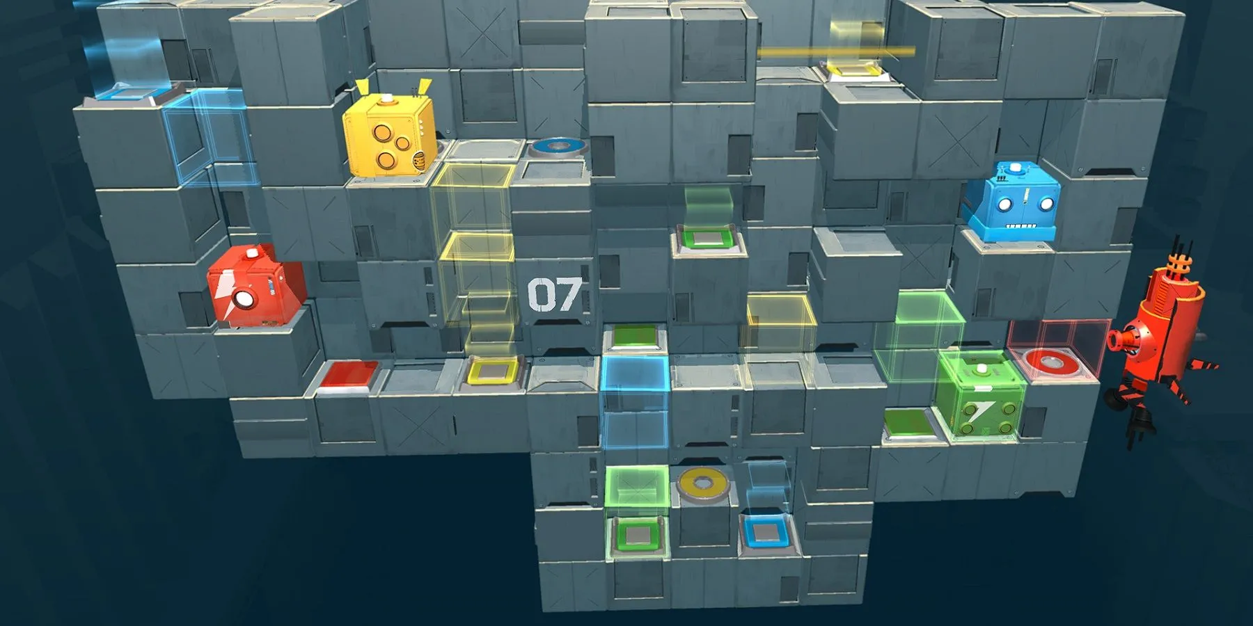 Hình ảnh gameplay của Death Squared với các khối màu sắc phối hợp giải đố