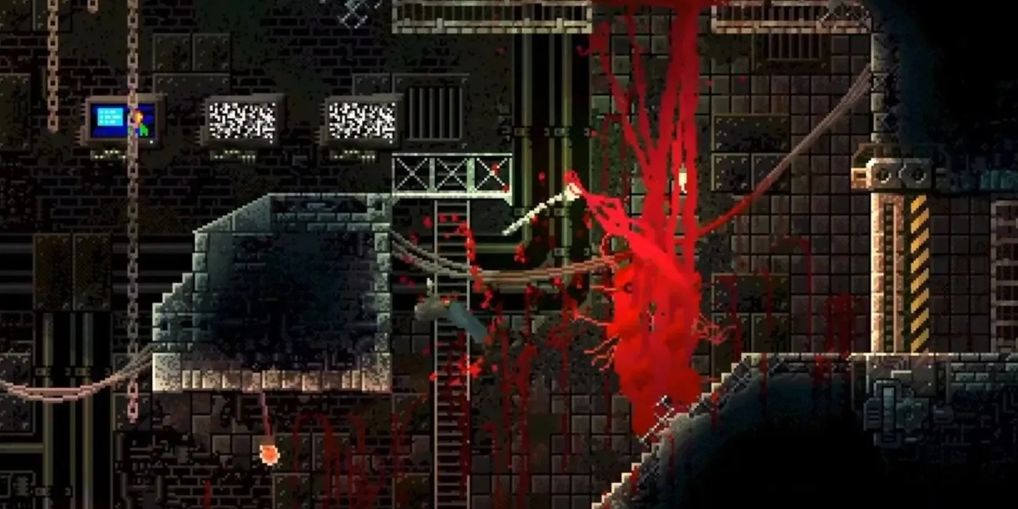 Hình ảnh gameplay game CARRION, sinh vật đỏ nhớt đang bò trên trần nhà để ẩn nấp khỏi con người trong một cơ sở thí nghiệm.