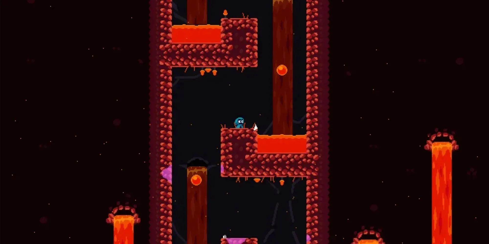 Hình ảnh gameplay game Splodey, cho thấy nhân vật chính đẩy mình bằng vụ nổ để di chuyển qua các gai nhọn.