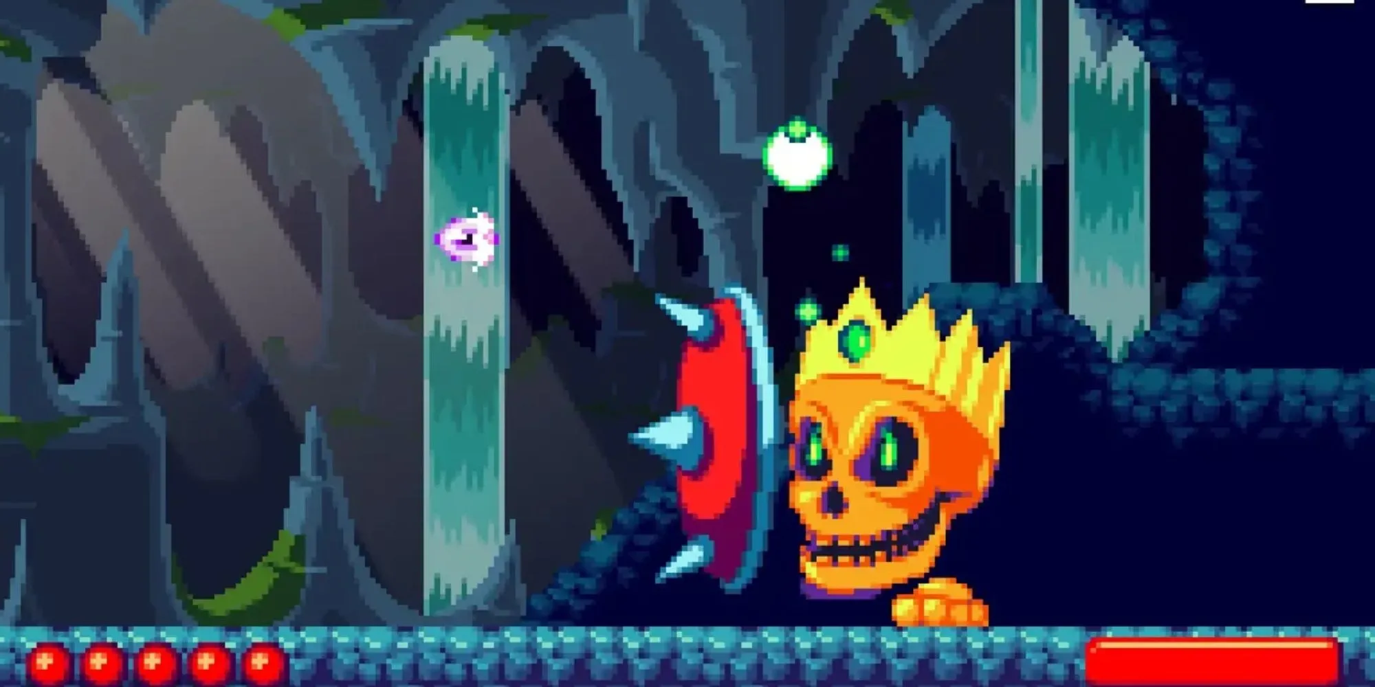 Hình ảnh gameplay game Witcheye, nhân vật mắt bay đang tấn công kẻ thù trong một màn chơi đầy màu sắc.