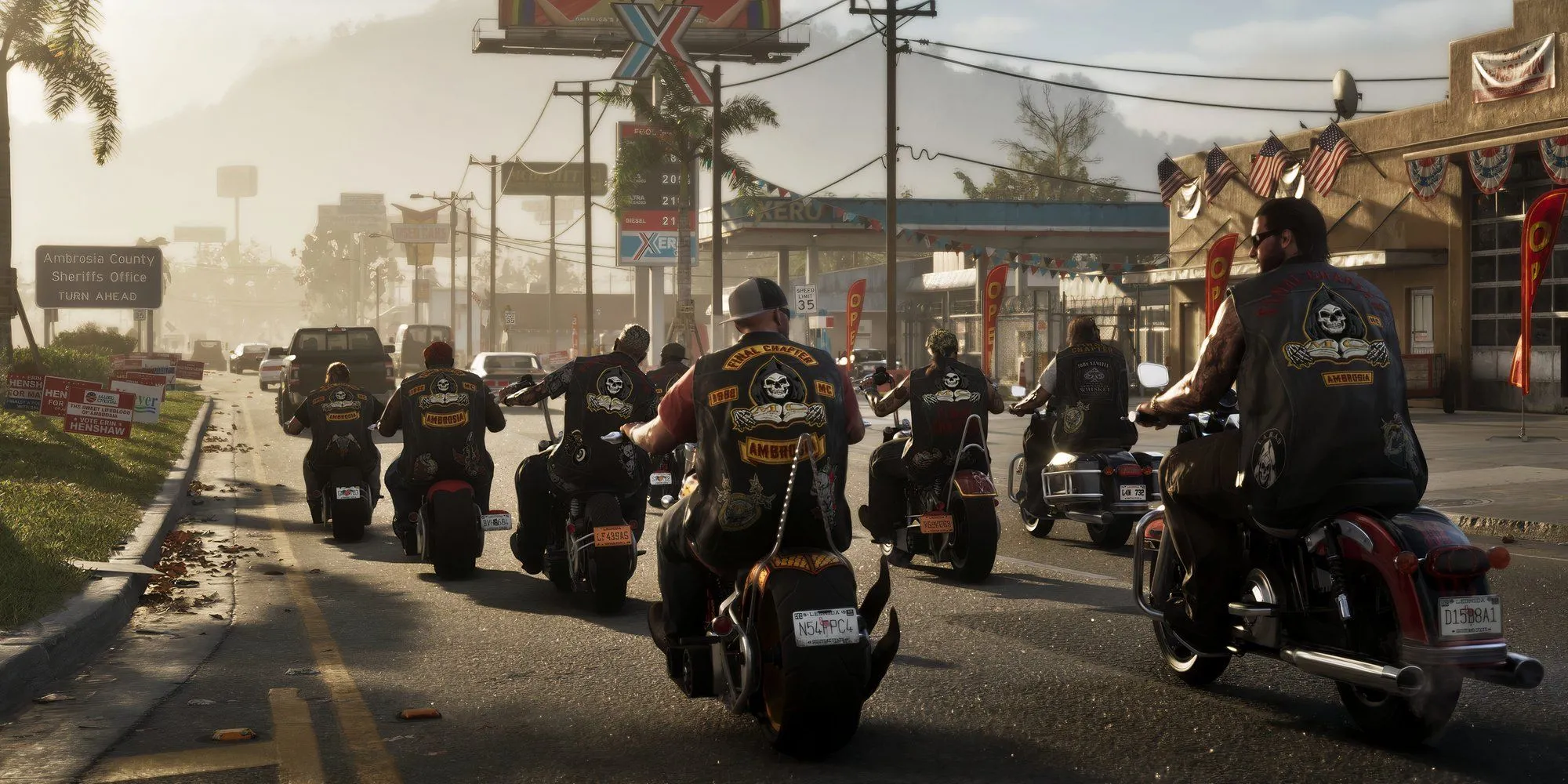 Hình ảnh gameplay GTA 6 với nhóm biker trên đường cao tốc, tượng trưng cho thế giới mở rộng lớn.
