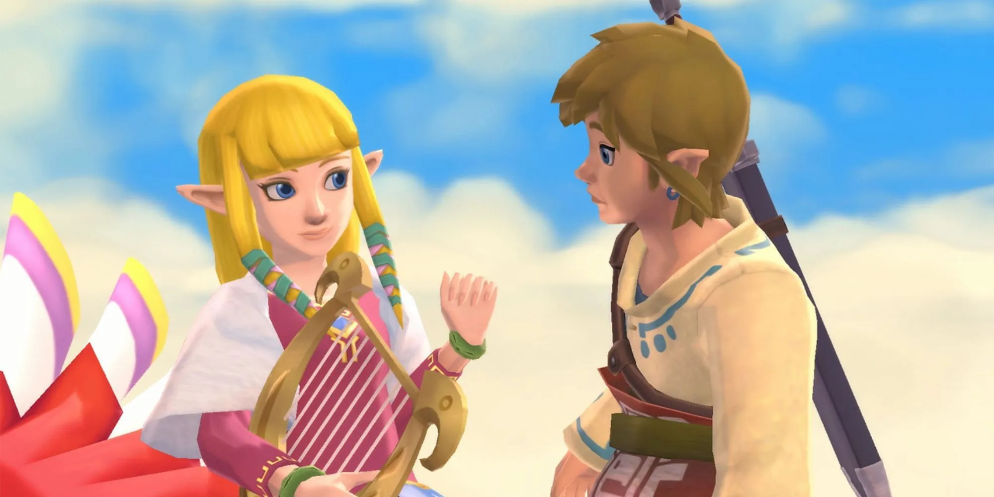 Hình ảnh Link và Zelda đứng cạnh nhau, Link cầm kiếm và khiên, Zelda cầm thanh đá, trên một mỏm đất lơ lửng trong bầu trời xanh của Skyward Sword