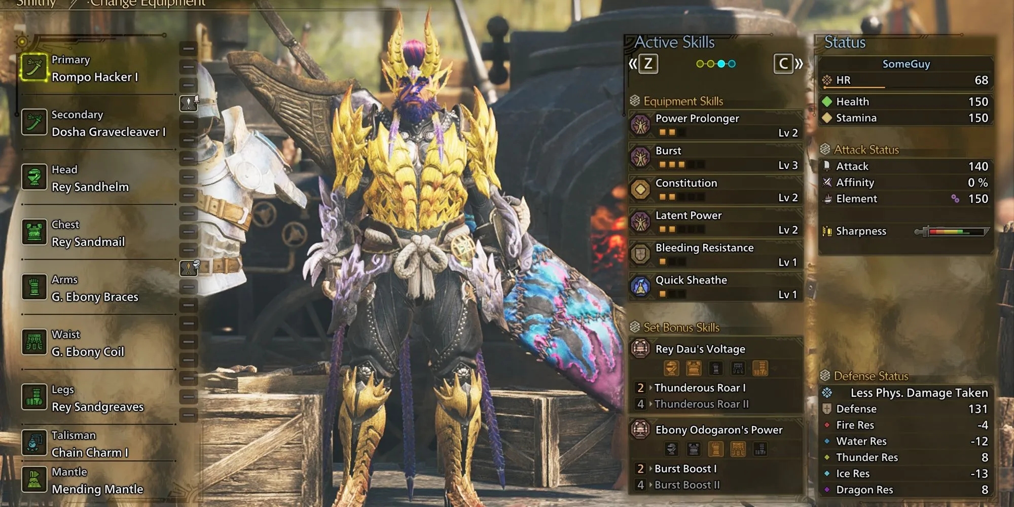 Hình ảnh minh họa bộ giáp và vũ khí Rompo Hacker I cho build Long Sword giai đoạn đầu (Low Rank) trong Monster Hunter Wilds.