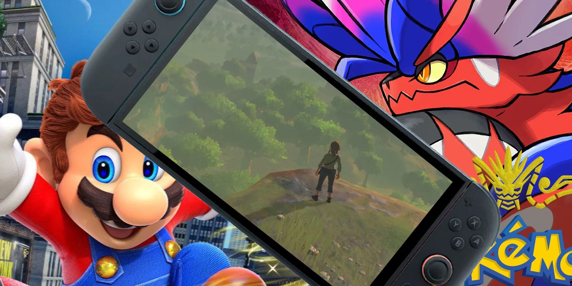 Hình ảnh minh họa các nhân vật từ game Switch như Mario Odyssey, Zelda Breath of the Wild, Pokemon Scarlet, gợi ý về các game có thể được nâng cấp trên Nintendo Switch 2