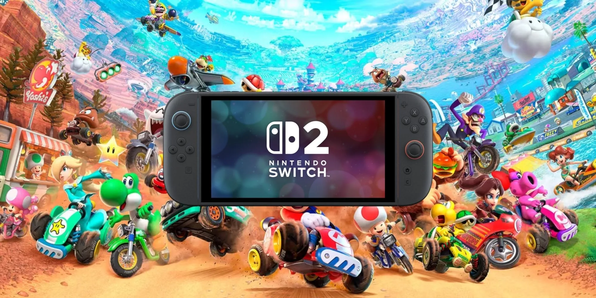Hình ảnh minh họa máy chơi game Nintendo Switch 2 với tựa game Mario Kart World ở hậu cảnh, thể hiện sự mong đợi từ cộng đồng game thủ