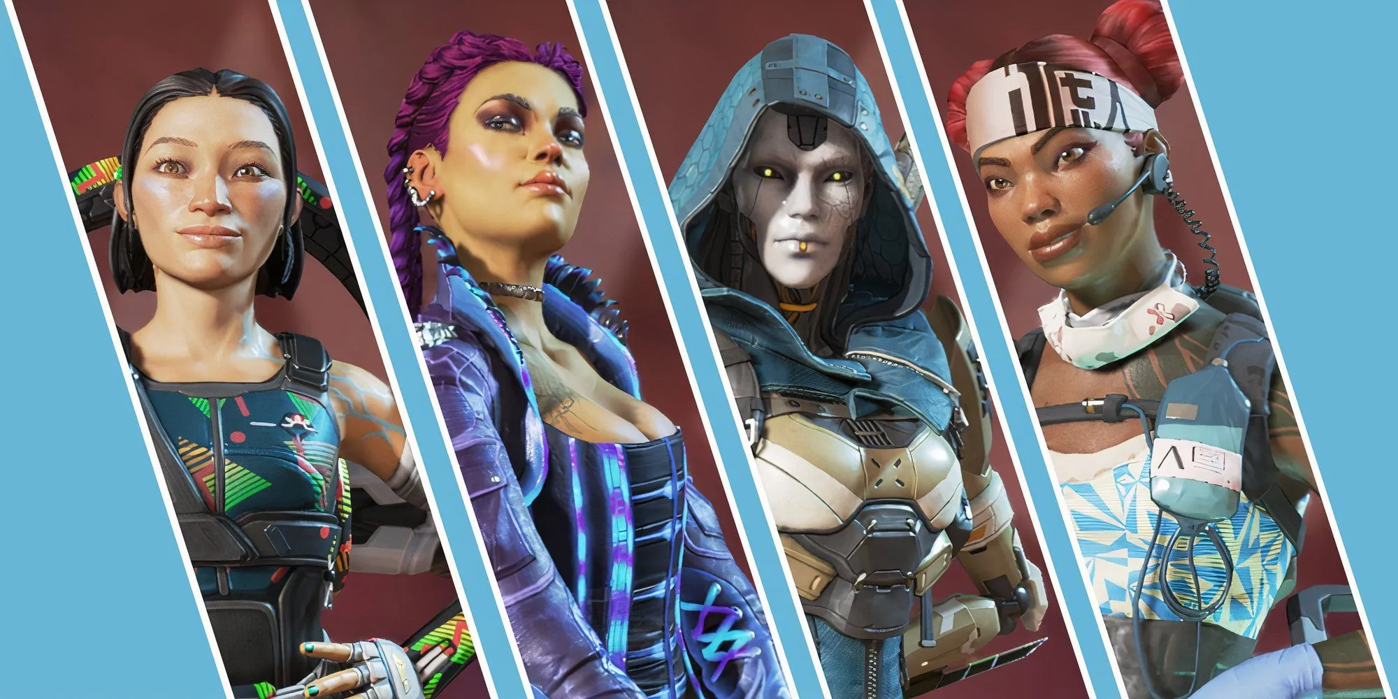 Hình ảnh một số Huyền thoại (Legend) phổ biến trong Apex Legends: Conduit, Loba, Ash, Lifeline.