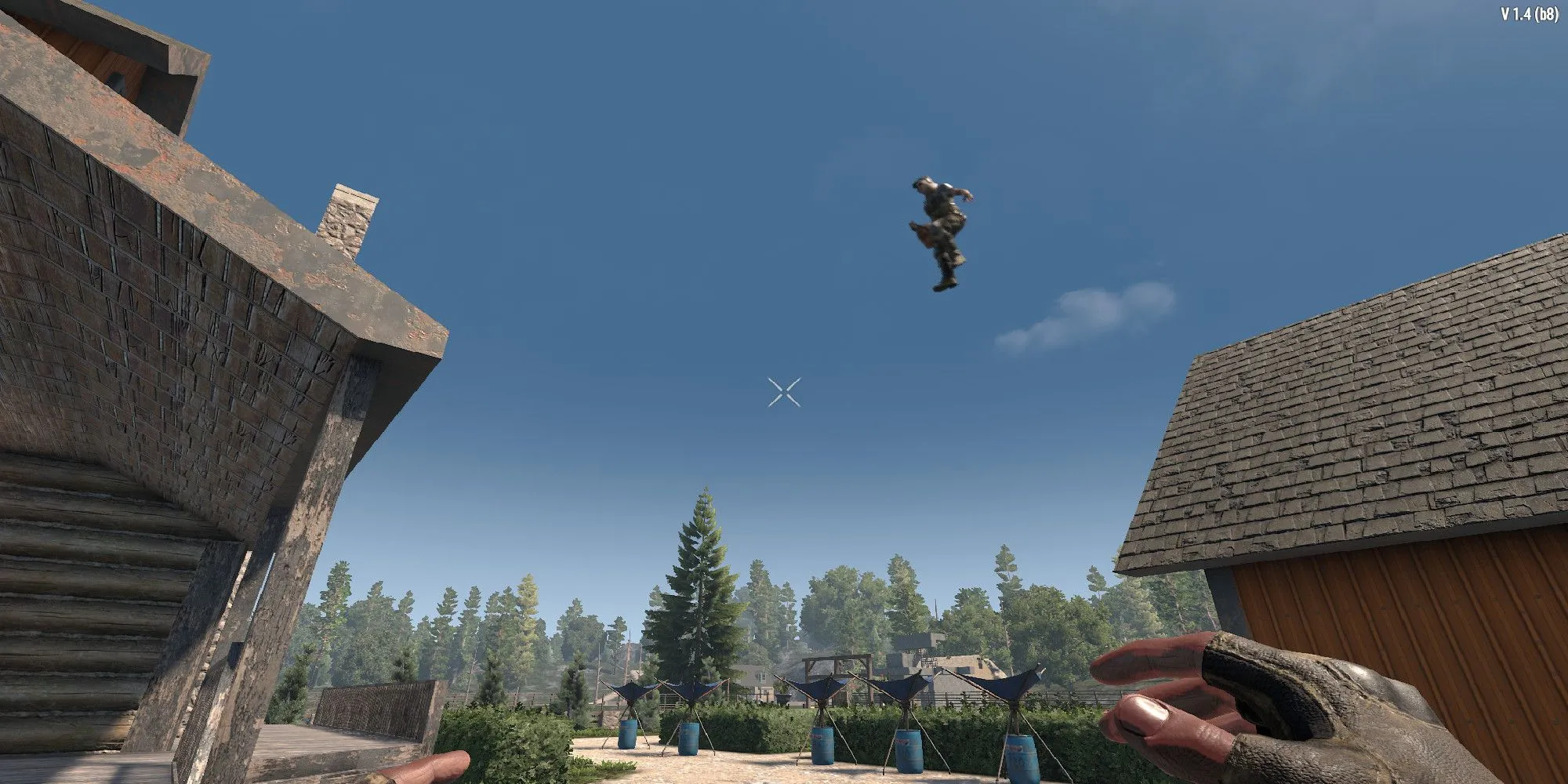 Hình ảnh người chơi kỹ năng Parkour nhảy từ mái nhà này sang mái nhà khác trong 7 Days to Die